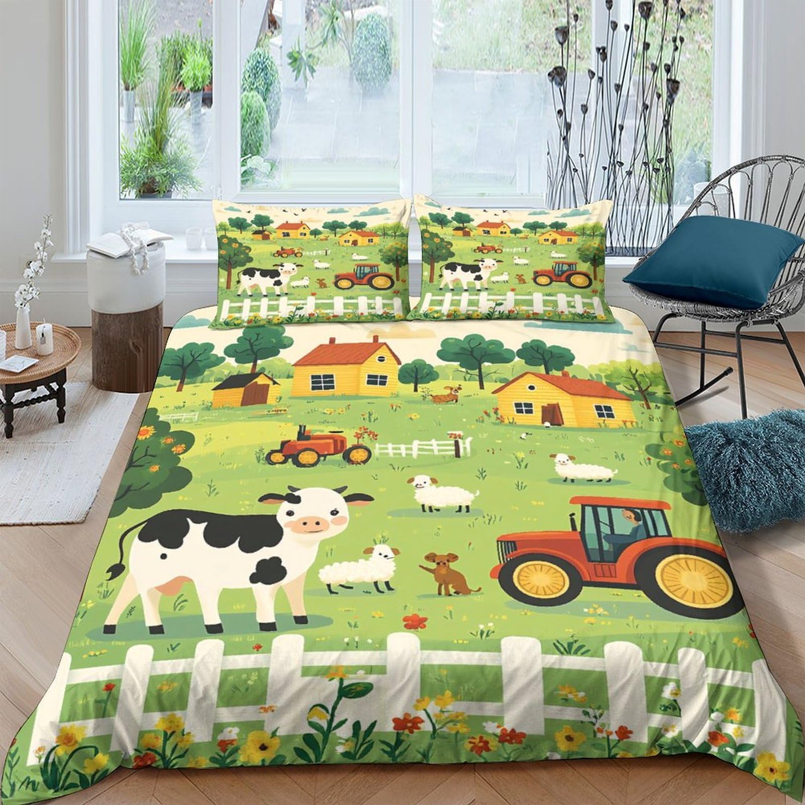 Ctjqhvkz Style-2 3D Printed Farm Animals Fitted Sheet Microfiber Soft Tractor Bed Cover For Bedroom Guest Room Dorm Decor Single（135X200cm）