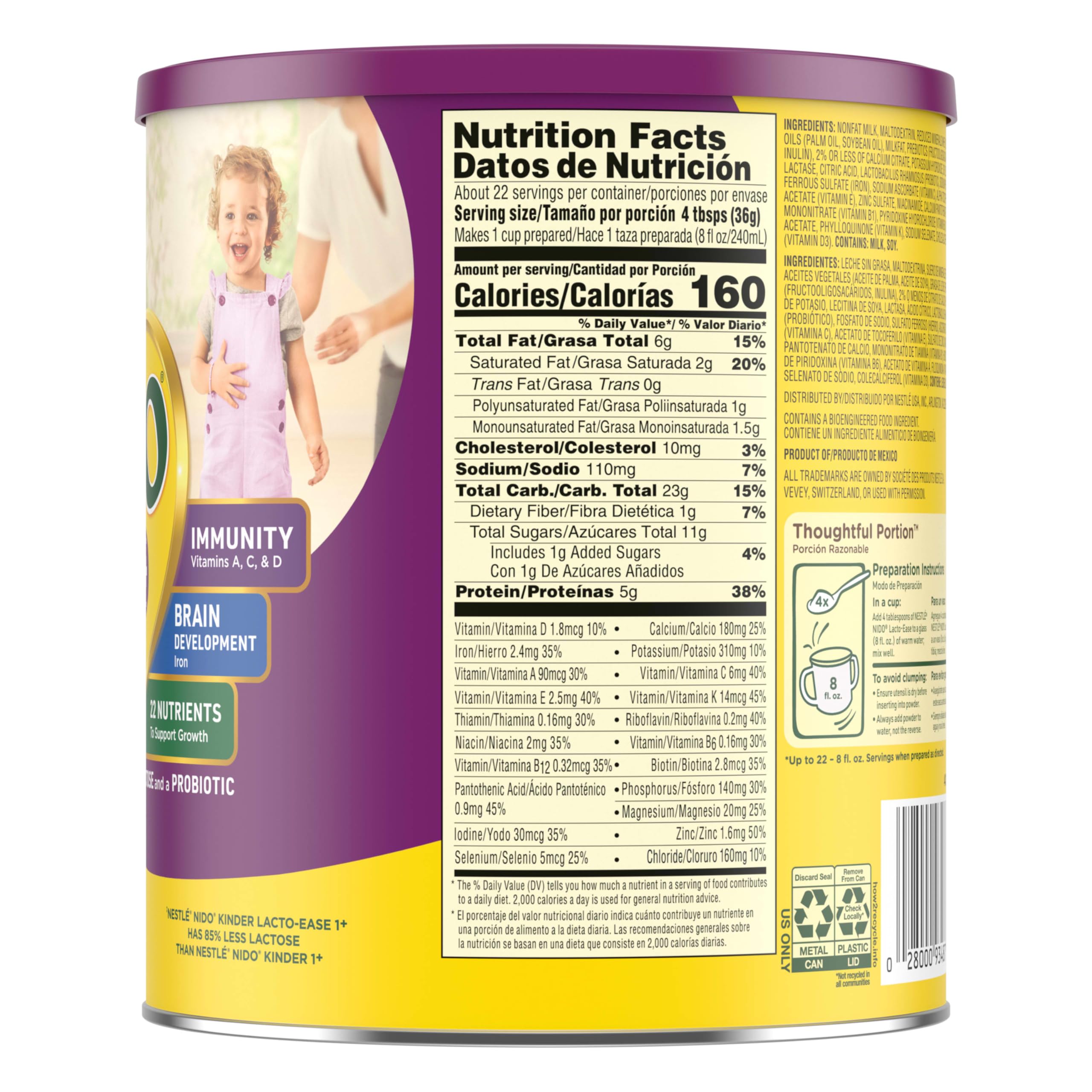 Nestlé NIDO Lacto-Ease Toddler Milk Beverage Powder Mix, Reduced Lactose, Toddler Nutritional Drink, Powdered Milk for Toddlers, 22 Servings per Container, 28.2 OZ, Pack of 1