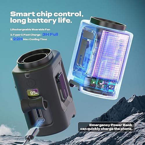 Miniatura 5 de Ventilador de cintura portátil, 4 velocidades, 13000 rpm, fuerte flujo de aire, ventilador de cinturón con hasta 22 horas de tiempo de trabajo,