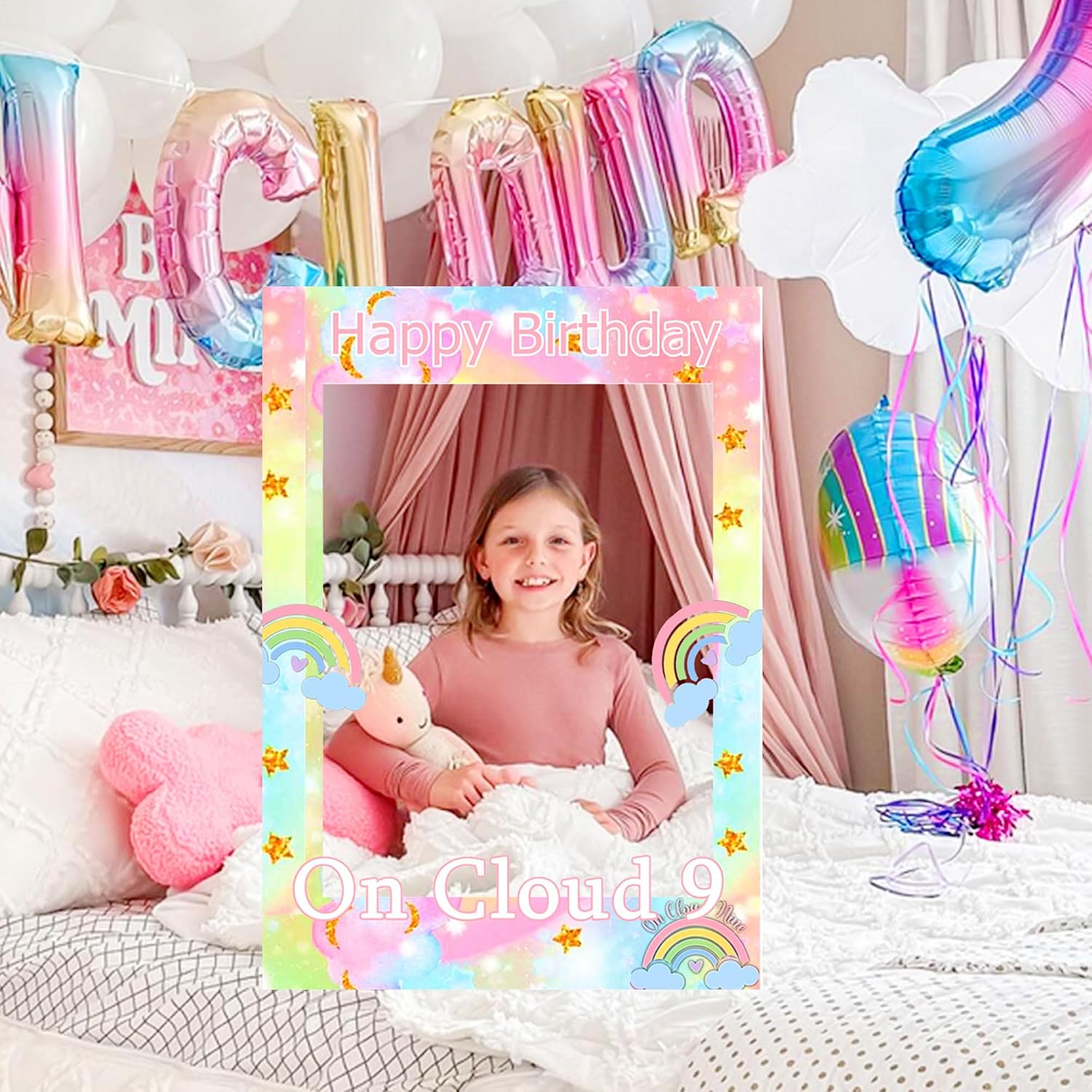 LaVenty On Cloud 9 Birthday Decoration Colorful On Cloud 9 Party Supplies | On Cloud Decoration Colorful On Cloud Supplies Rainbow On Cloud Photo Booth Props Frame On Cloud Props Selfie Props