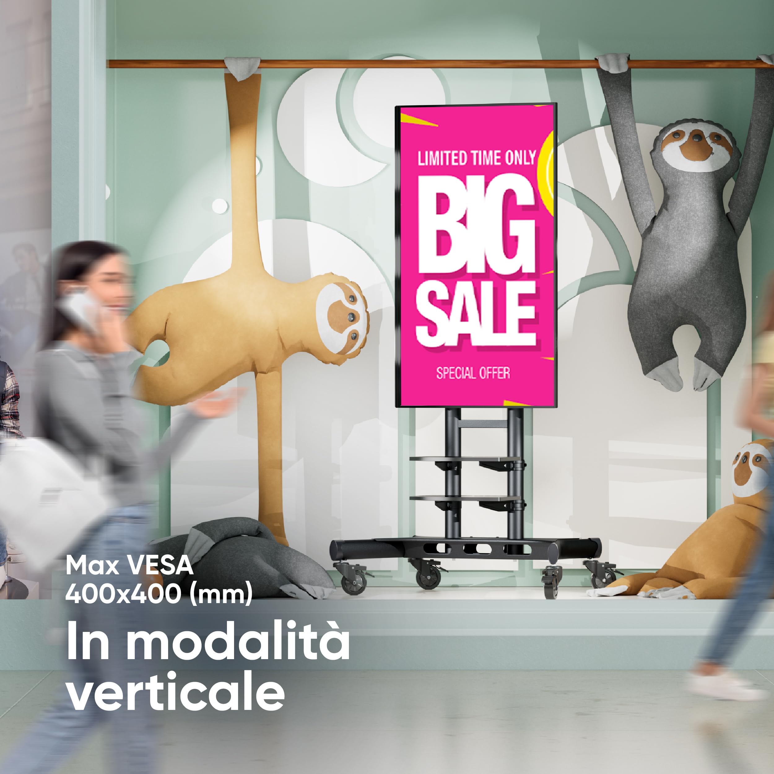 ONKRON Supporto TV da Pavimento 50-86 pollici, Carico Totale fino a 105,9 kg, VESA 200x200-800x500 mm, Carrello Porta TV con Ruote, Porta Televisore da Terra, Mobile, con Ripiani, Nero TS1881-B