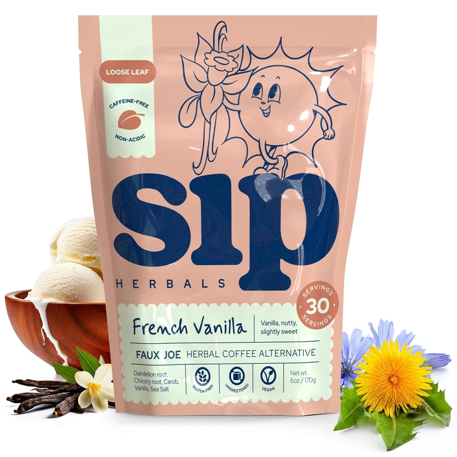 Sip Herbals Organic Coffee Alternative - French Vanilla - Caffeine Free with Chicory & Dandelion - As Seen on Shark Tank (30 Servings)