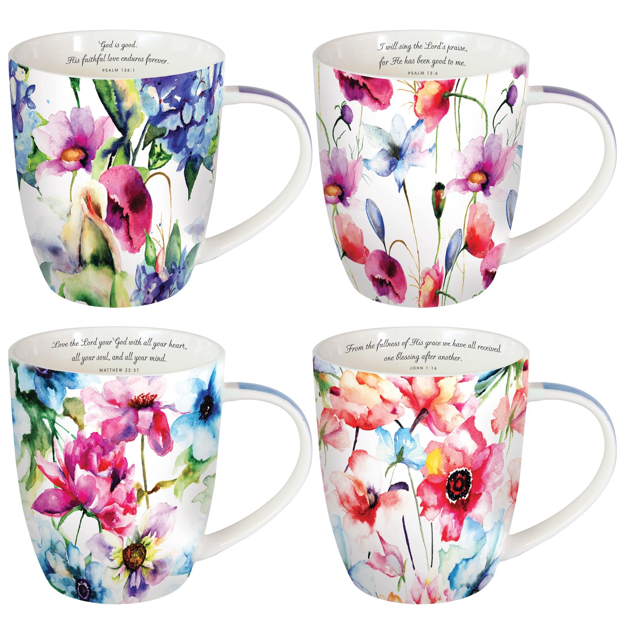 Christian Art Gifts Ceramic Coffee or Tea Mug Set for Women, Seeds of Love Garden Blooms Design Bible Verse Mug Set, Boxed Set of 4 Coffee Cups