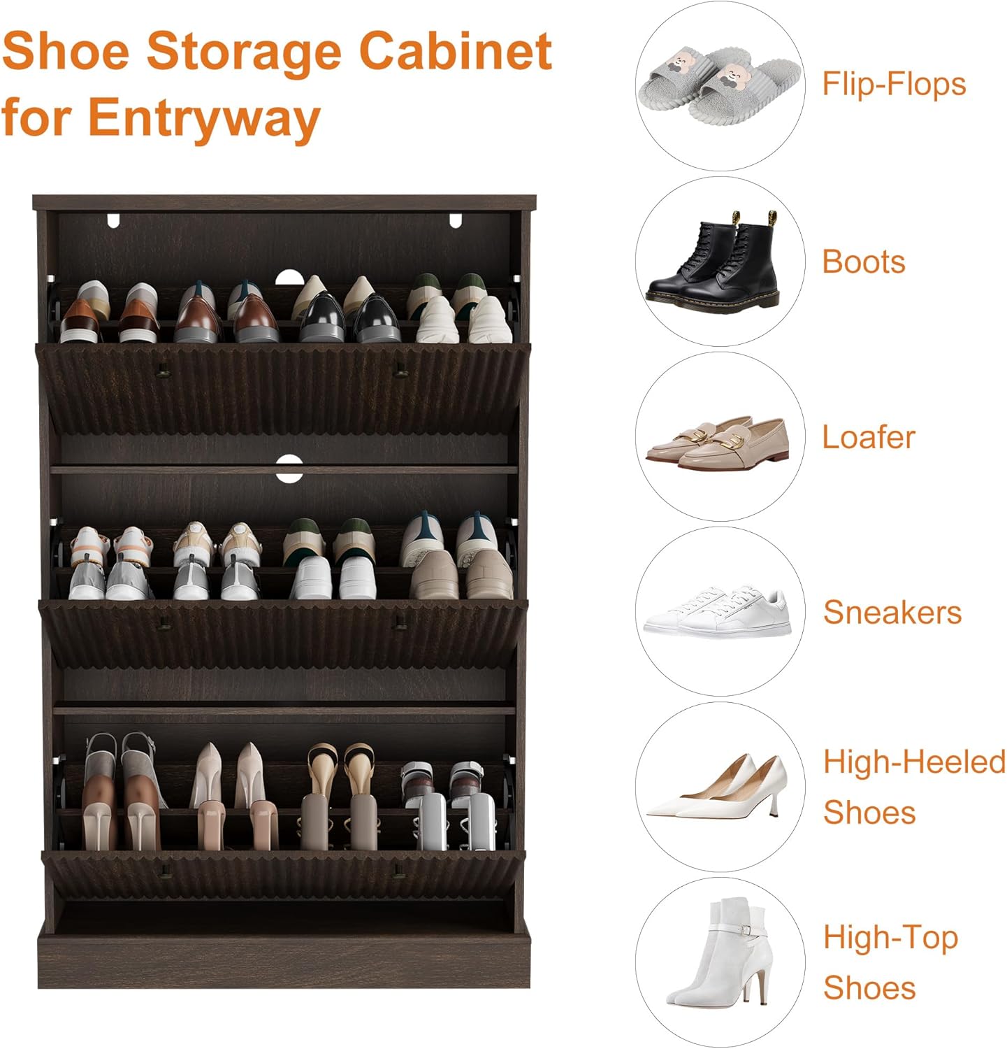 Garvee Shoe Cabinet with 3 Flip Drawers, Modern Narrow Wave Shoe Organizer with Adjustable Shelves, Wooden Freestanding Shoe Cabinet for Entryway, Living Room, Hallway, Walnut