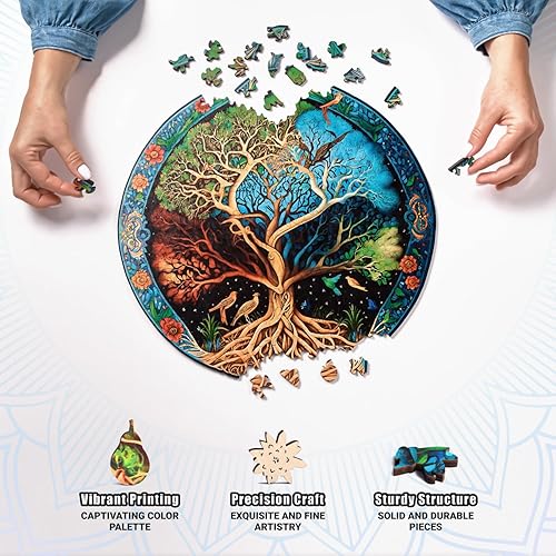 Miniatura 5 de LEOGOR Rompecabezas de madera de mandala de árbol de la vida, rompecabezas de madera de 200 piezas para adultos y niños, diseño redondo inspirado en