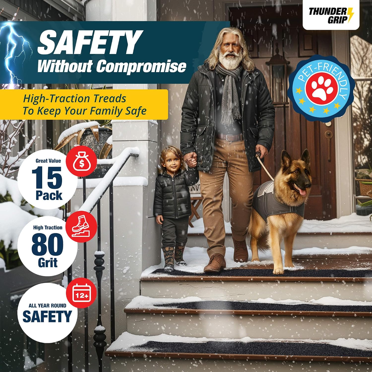 thunder grip outdoor stair treads non slip 30" x 6" - 15-pack weather resistant exterior grip tape for wooden steps - anti skid strips - waterproof 80-grit adhesive treads black - outdoor 6" x 30" x 15p