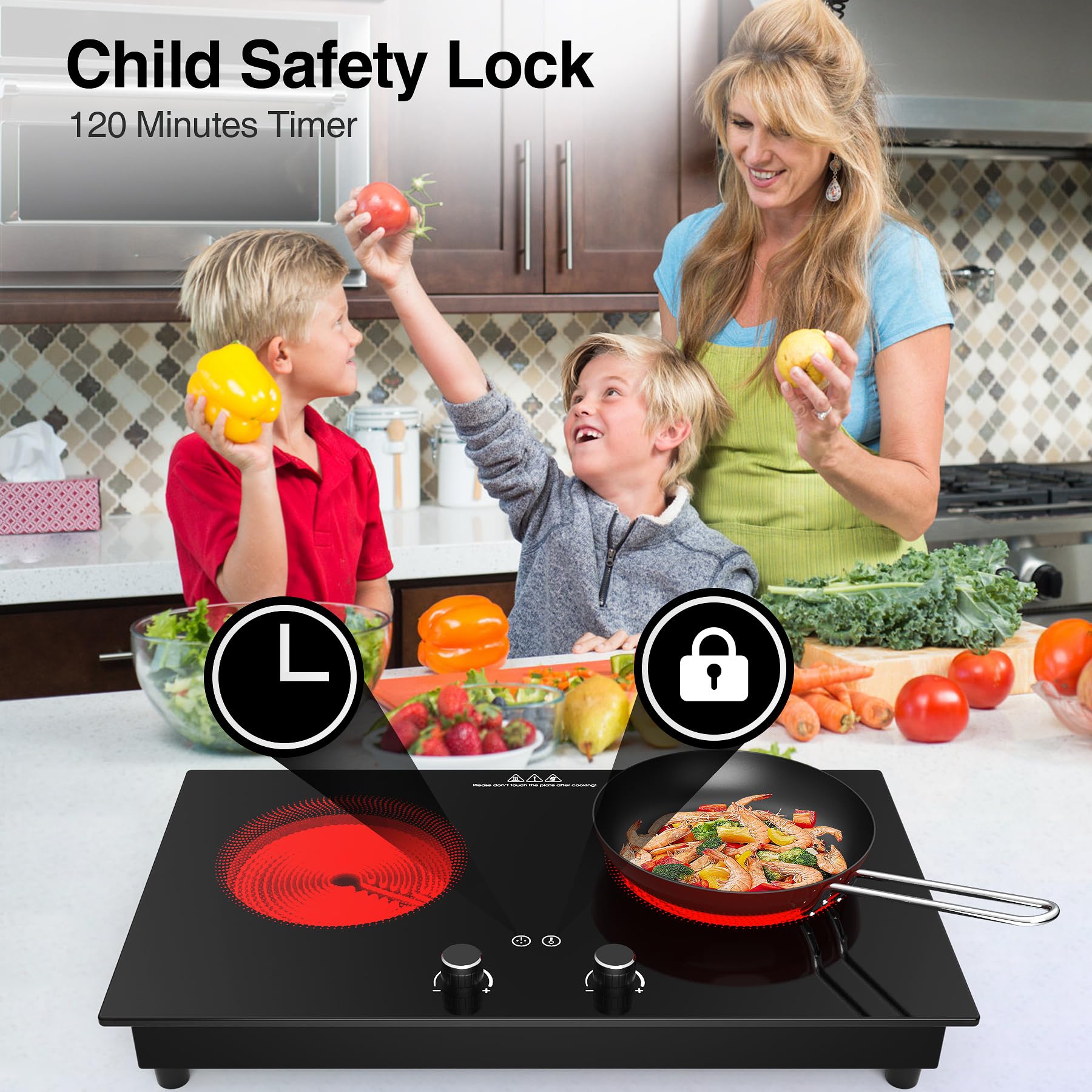 Cocina eléctrica, estufa eléctrica de 2400 W, encimera y placa caliente integrada con bloqueo de seguridad para niños, temporizador, control de perilla táctil LED, protección contra 7
