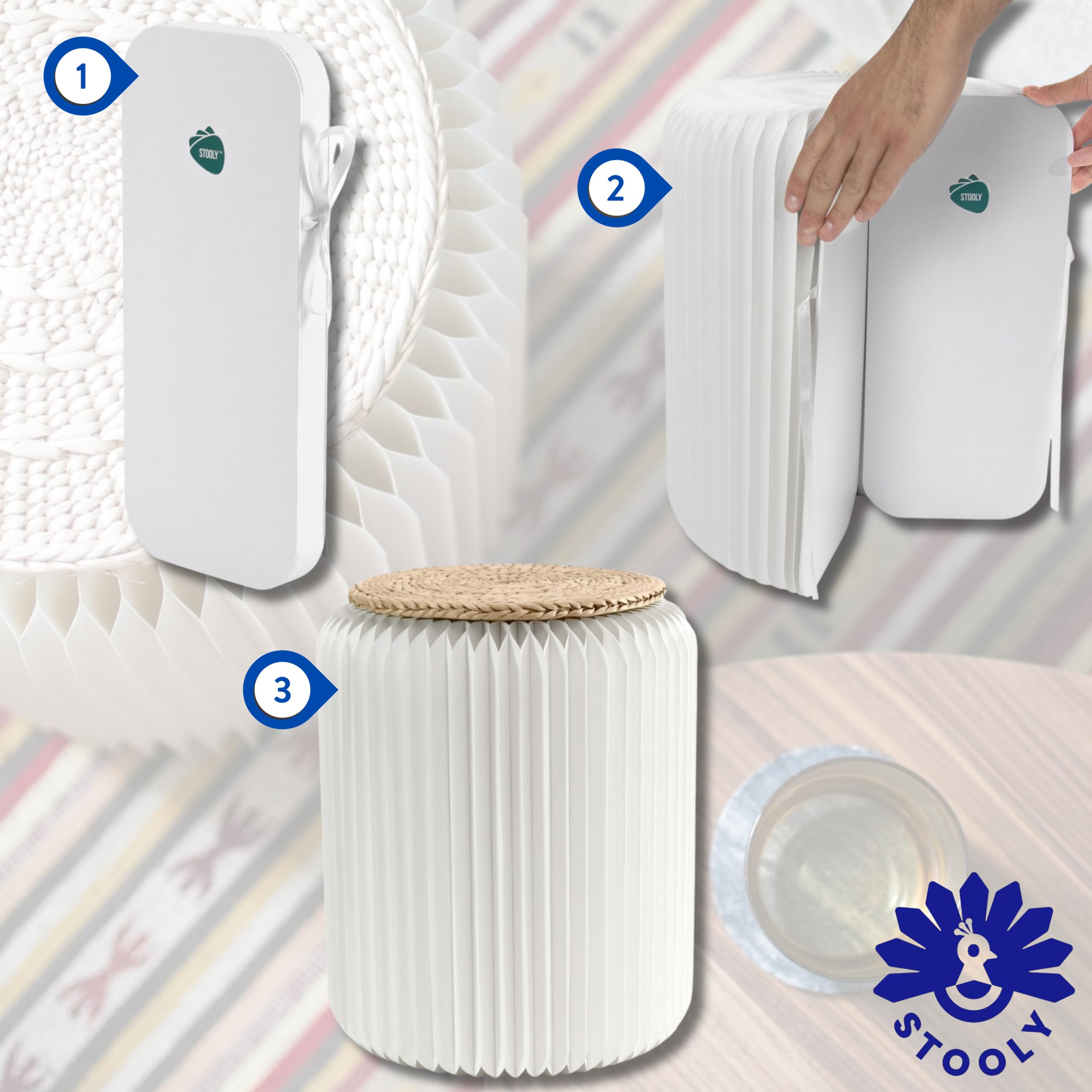 Tabouret Pliable - en Carton Recyclable (Blanc Sacré-Coeur (Assise Paille Tressée), 42 cm)