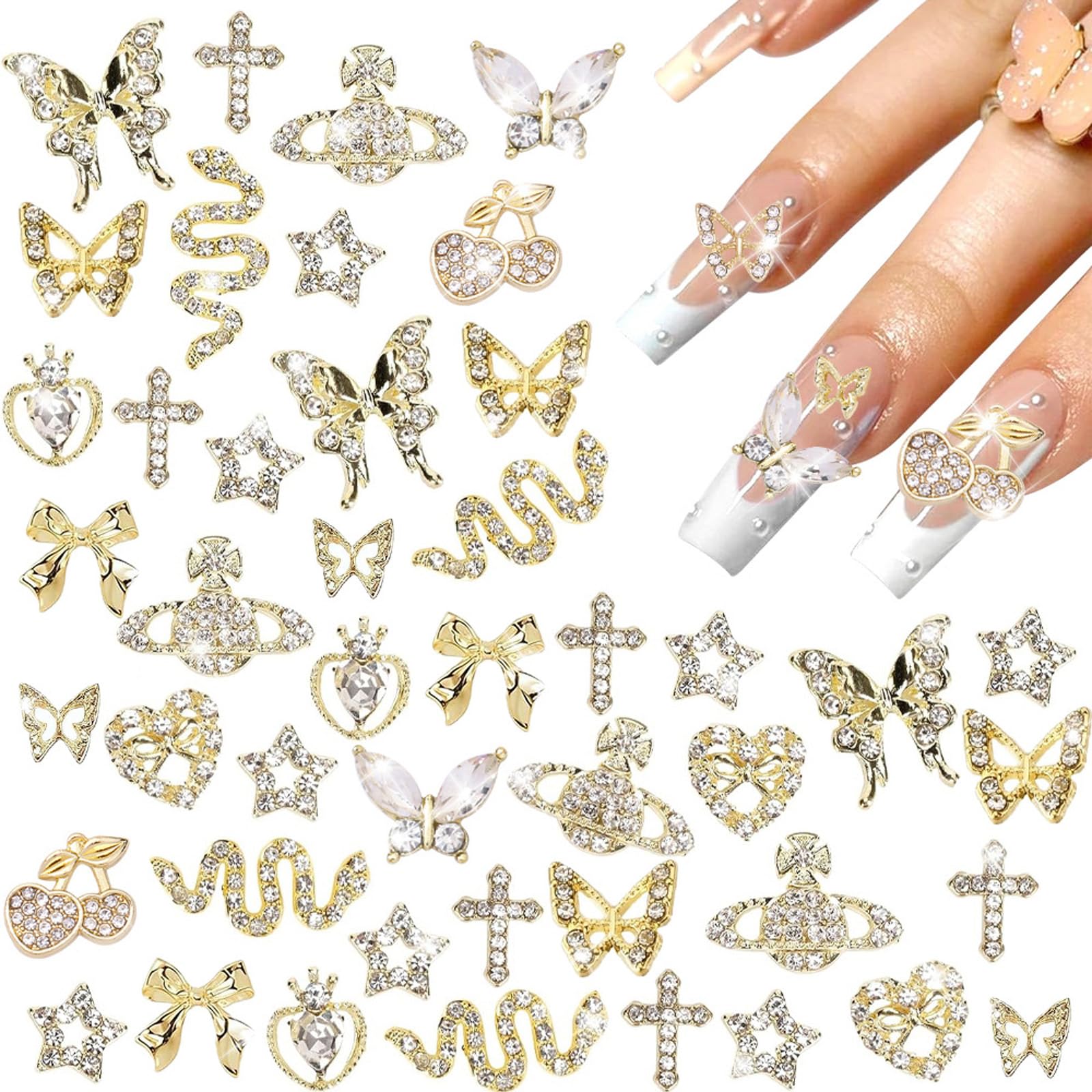 24 PCS Charms a Ongles, Breloques pour Ongles, Alliage Y2k, Coeurs Papillons Noeuds Cerises et Strass pour Deco Ongle Nail Art Bijoux Brillants Decorations Manucure DIY Accessoires
