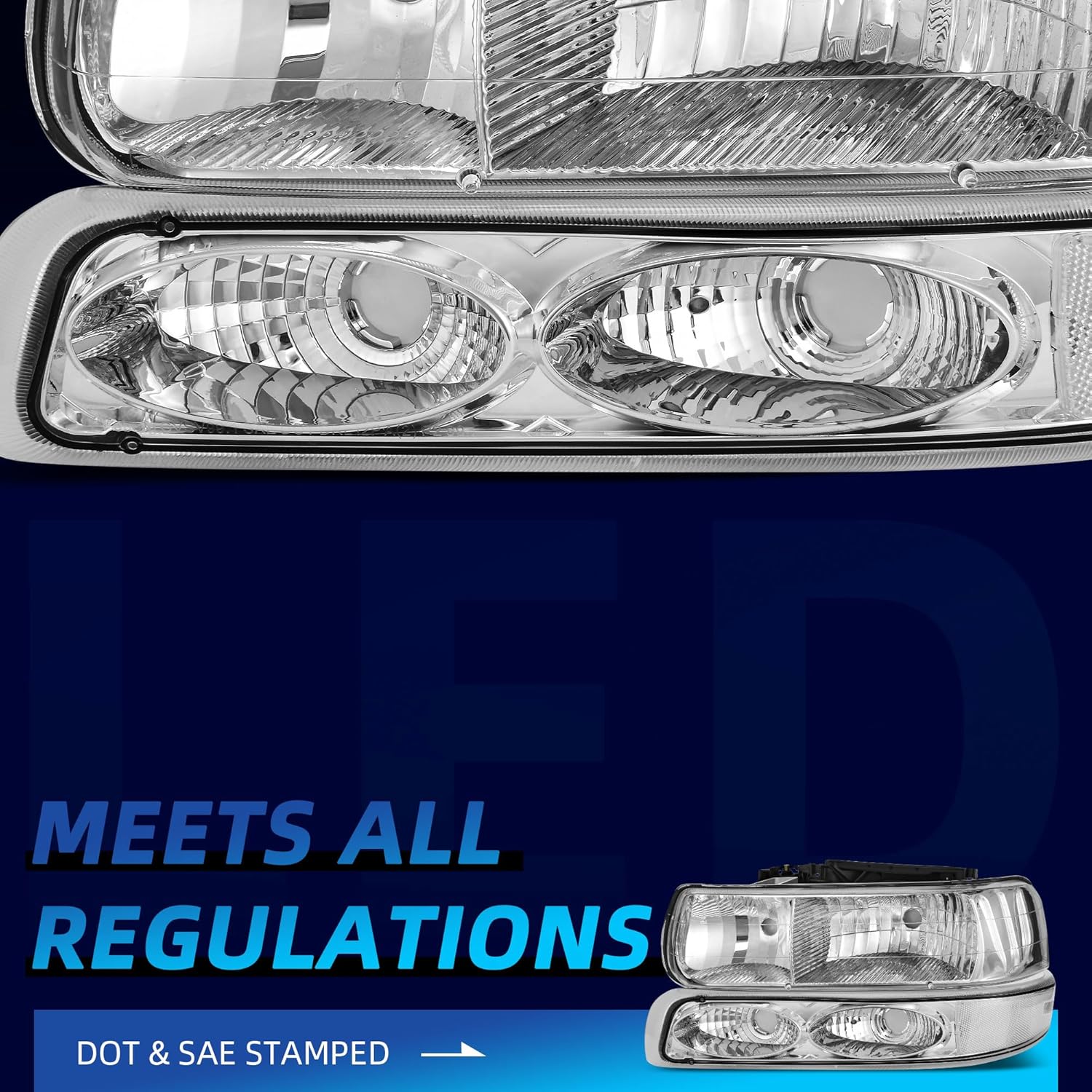LEDKINGDOMUS Headlight Assembly, DOT-certified, Compatible with 1999-2002 Chevy Silverado 2000-2006 Chevy Tahoe 00-06 Suburban 1500 2500 Replacement Headlamp Pair with Bumper Lights Chrome Housing