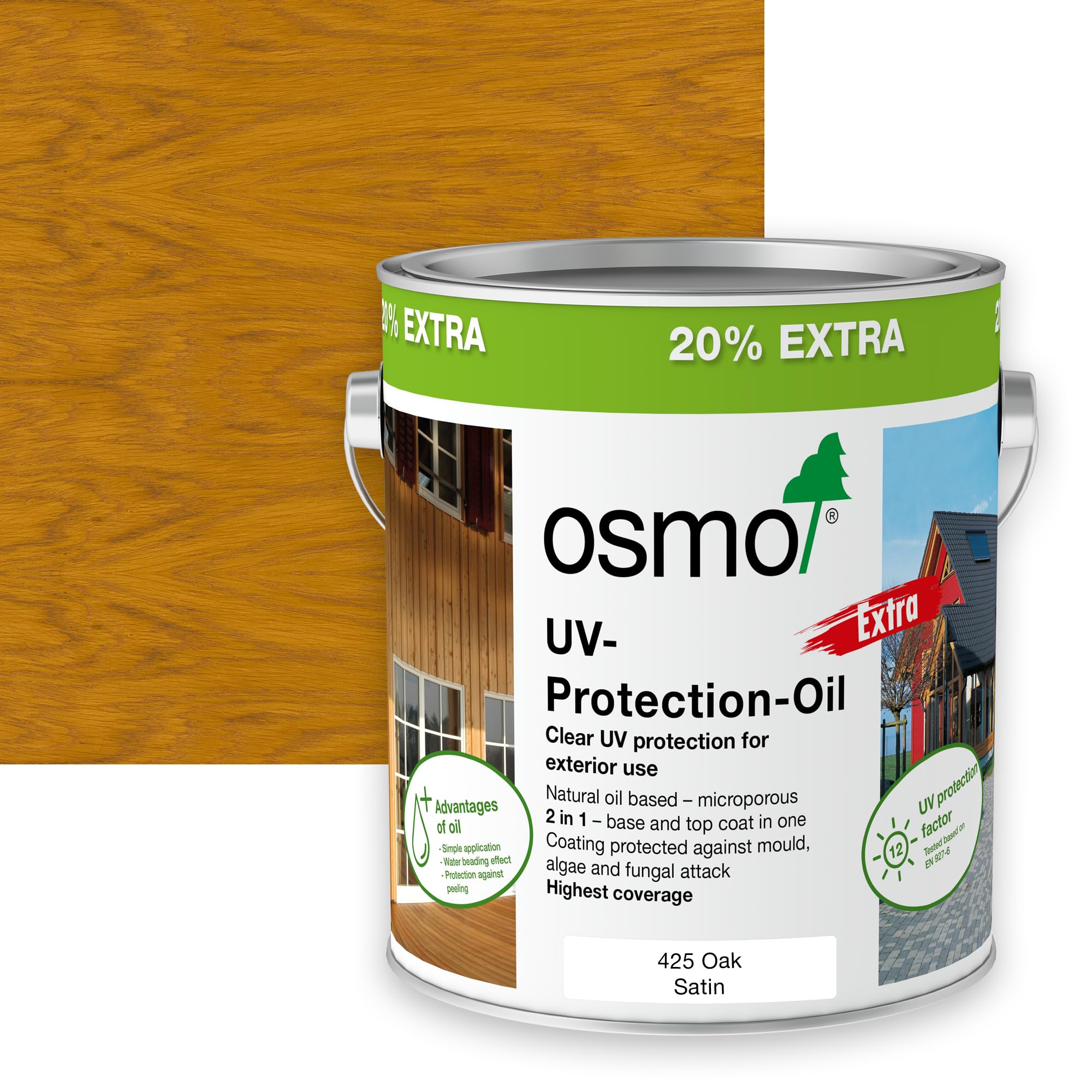 Osmo UV Protection Oil Extra, Exterior Wood Finish, Tinted, 3l (Satin, 425 Oak)