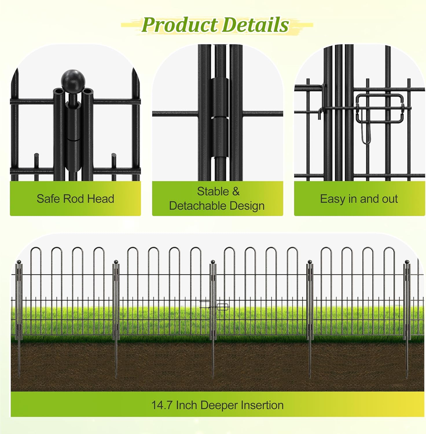 Bepatio Decorative Garden Fence Animal Barrier with Gate, 24in (H) x 20ft (L) 10 Panels Decorative Dog Fence Outdoor for Yard, Heavy Duty Rustproof Metal Fence Border, Flower Bed, Easy Setup, Black