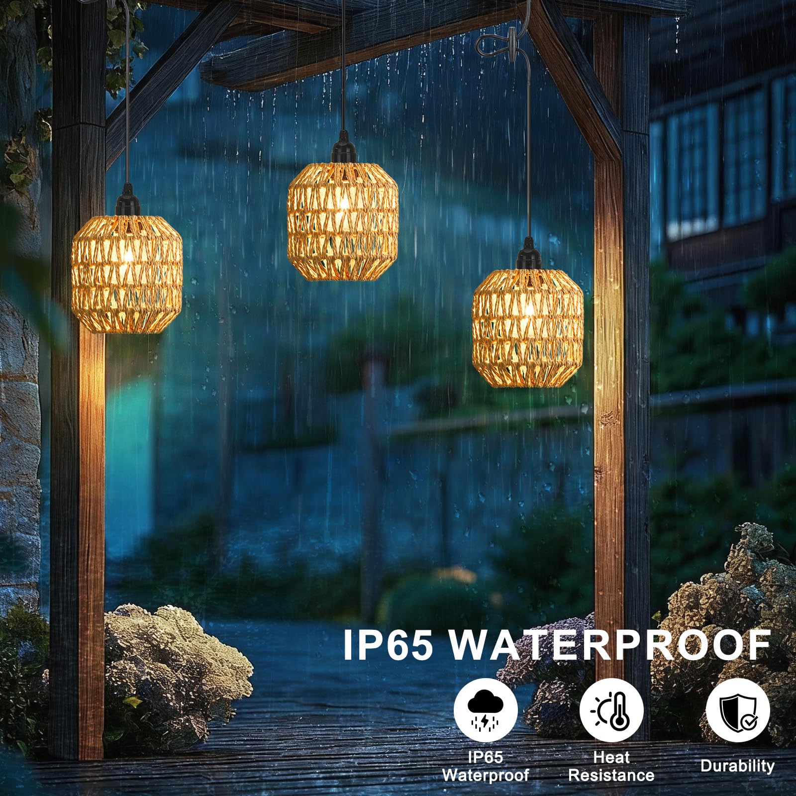 3 sztuki lamp wiszących z baterią, boho, lampa wisząca, akumulatorowa, możliwość ściemniania, rattanowa, bez przyłącza do prądu, lampa wisząca, zasilana bateriami, z pilotem zdalnego