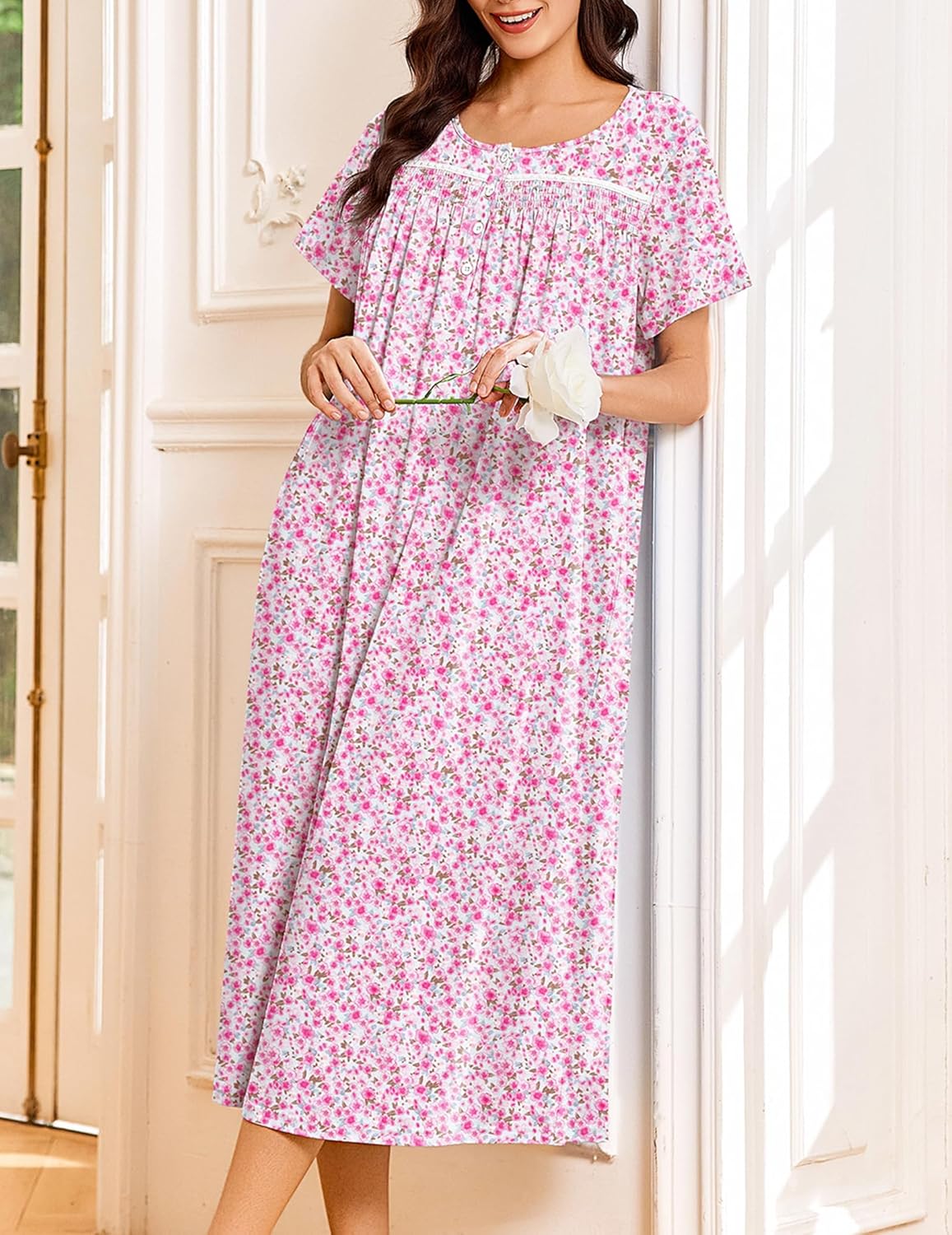 Ekouaer Cotton Nightgowns for Women Long Night Gown Short Sleeve Sleepdress Victorian Sleepwear Nightdress with Pockets - Image 4