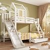 Solid Wood Bunk Bed with Slide&Drawer&Ladder&Window, 3FT Single 4FT6 Double Bunk Beds Tree House Bed Children's Bed with Guardrail&Slats, Three Sleeper Loft Bed Frame for Kids Teens Adults, White