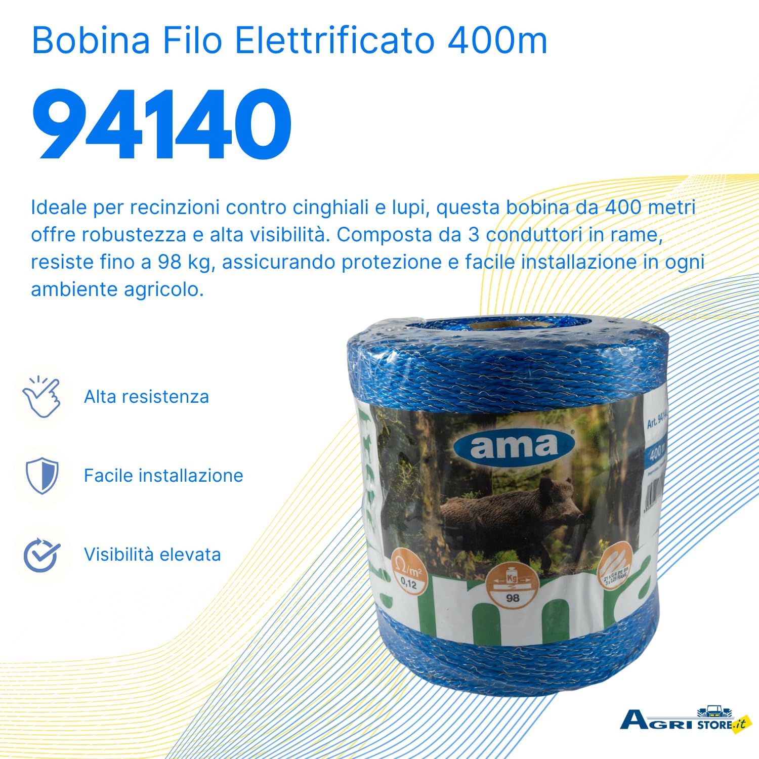 Ama Rete per recinzioni animali selvatici fino a 98kg: Filo per recinto elettrico di 400m