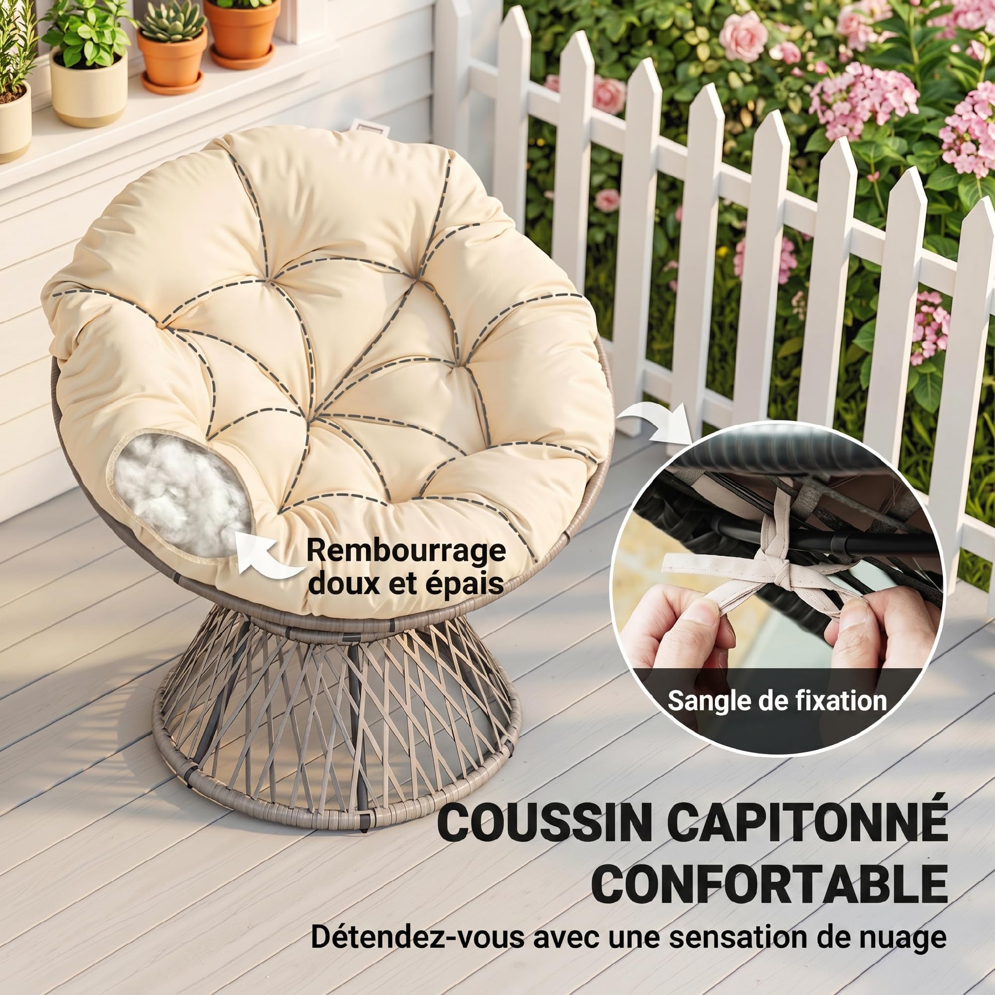 Outsunny Fauteuil Rond de Jardin Fauteuil papasan pivotant Grand Confort Ø 97 x 90H cm Grand Coussin fourni Polyester résine tressée crème