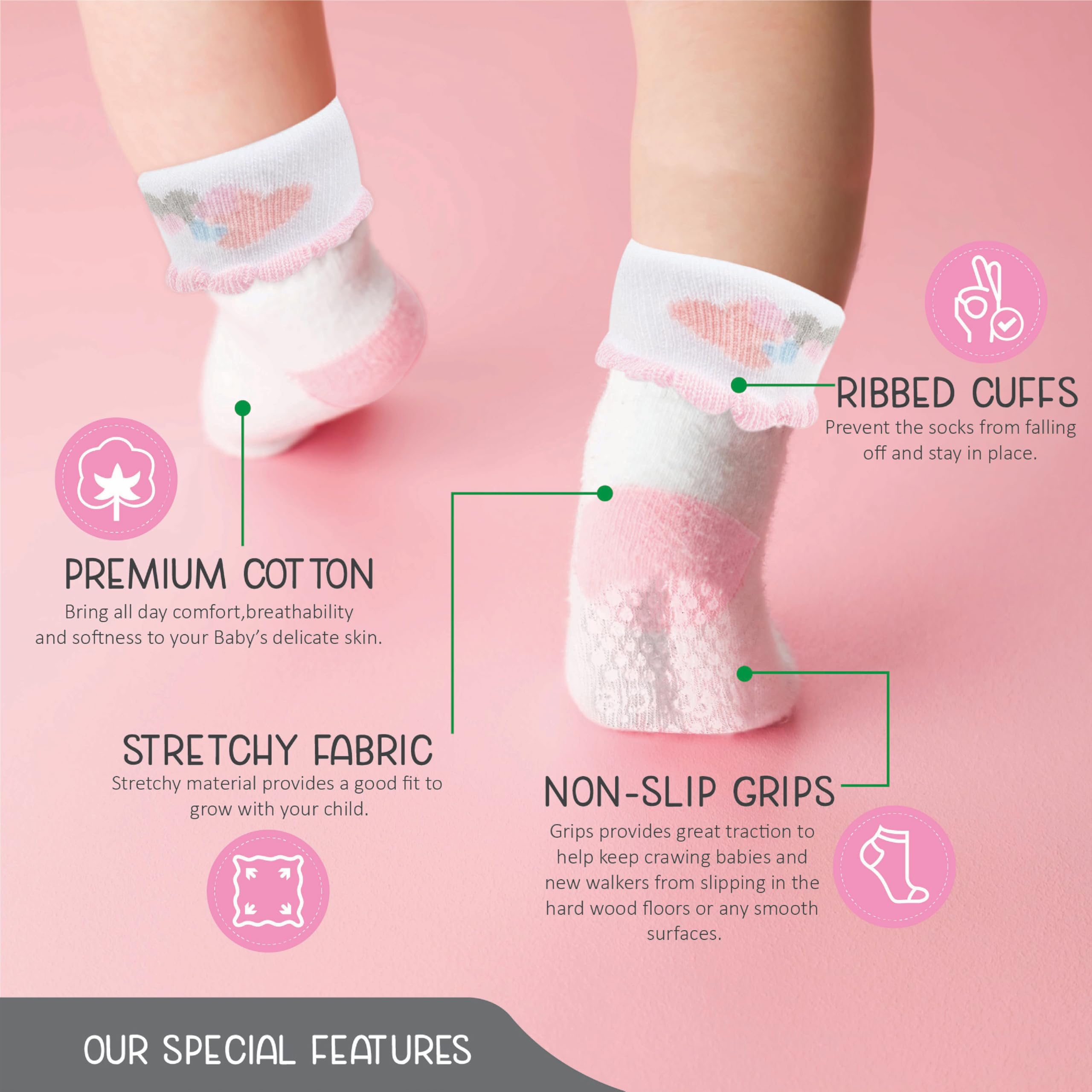 Baby Socks 12 Pairs - Non-Slip Infant Grip for Newborns & Toddlers 0-6 Months, Boys & Girls, Safe for Walking