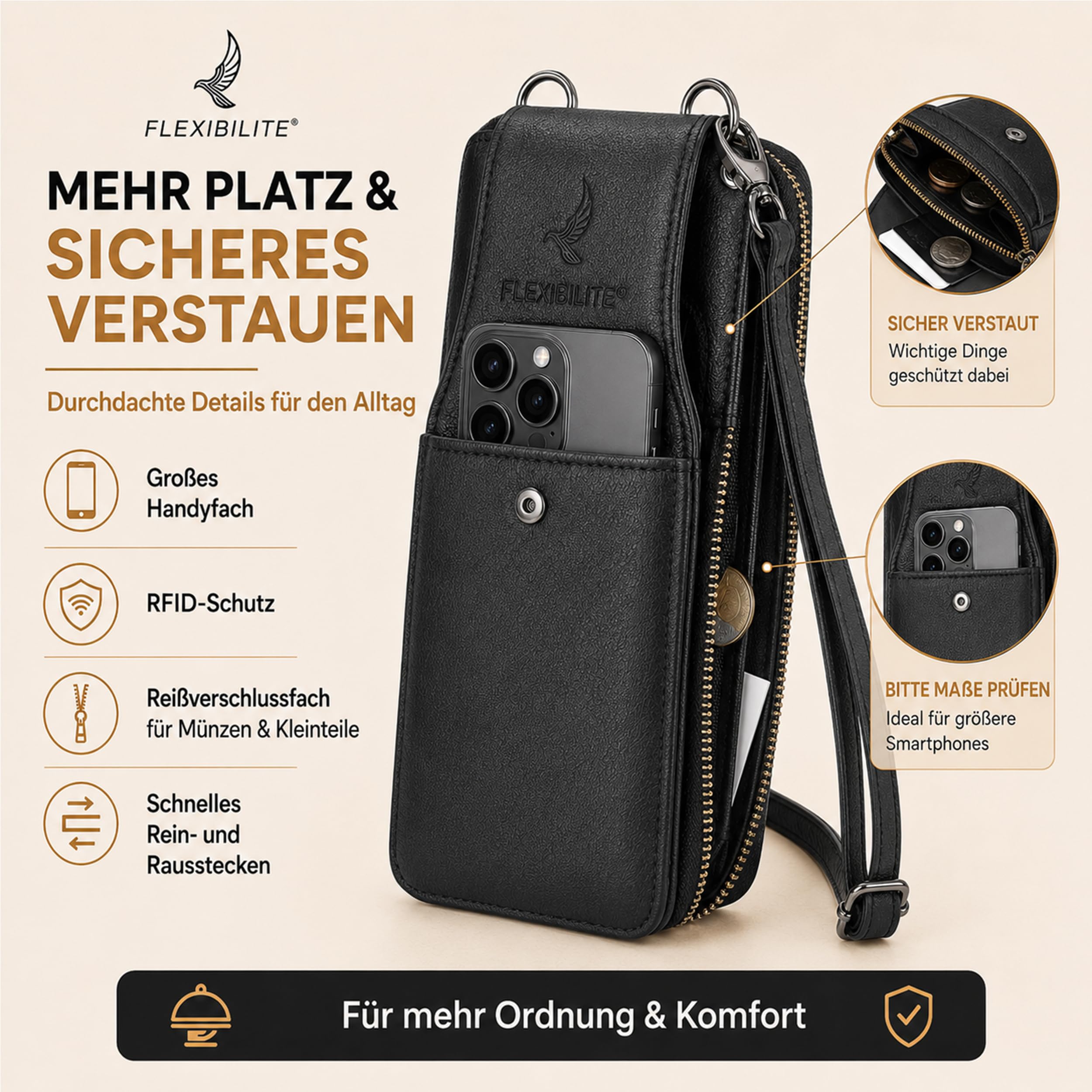 Handytasche Zum Umhängen Mit Portemonnaie (Tasche 20×11×5 cm - Handyfach 17×9×3 cm) - Echt Leder Handy-Umhängetasche Damen - Handytasche Mit Geldbörse - 220 g - Schwarz [2026]