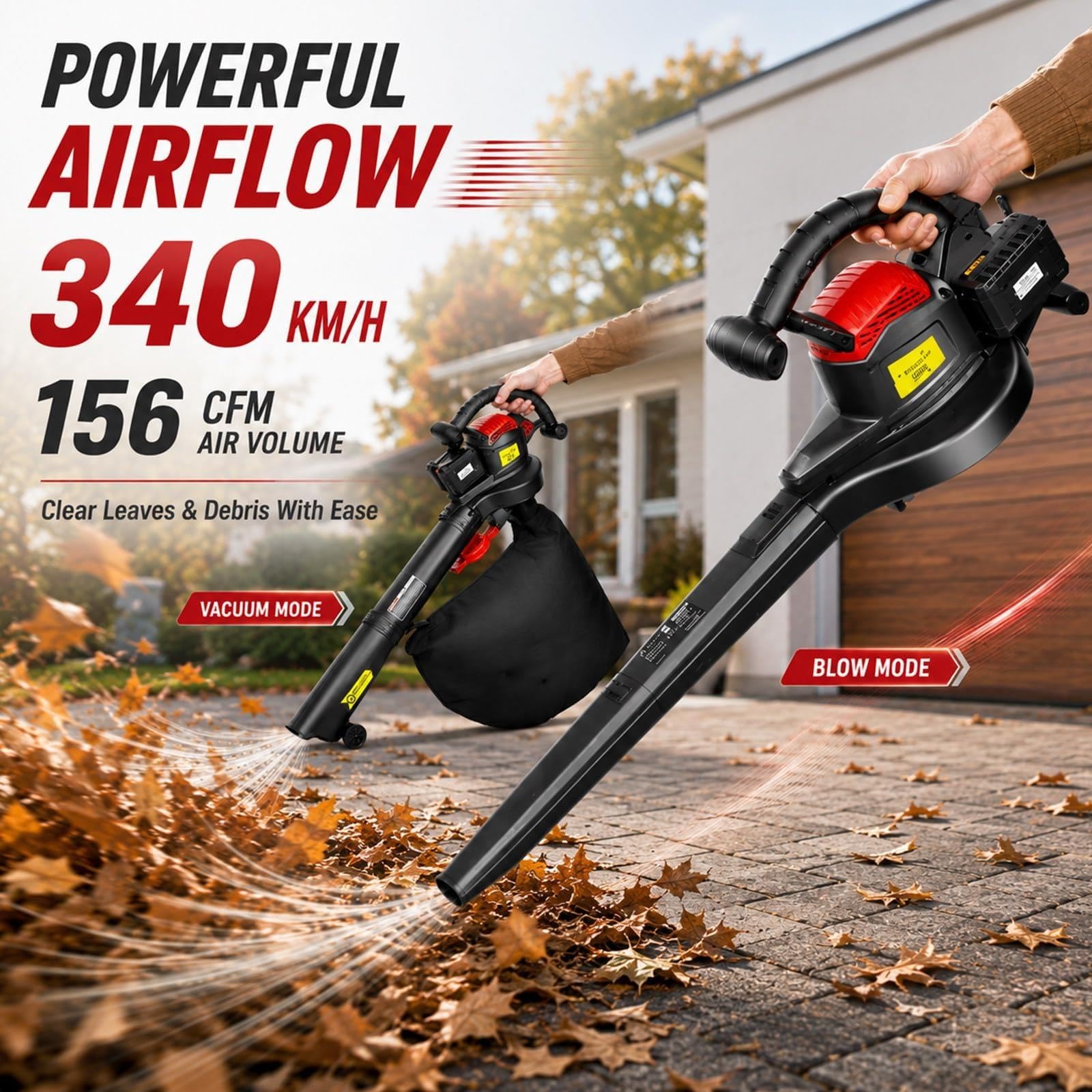 Soplador Aspirador de Hojas con Batería 40 V, Triturador 3 en 1