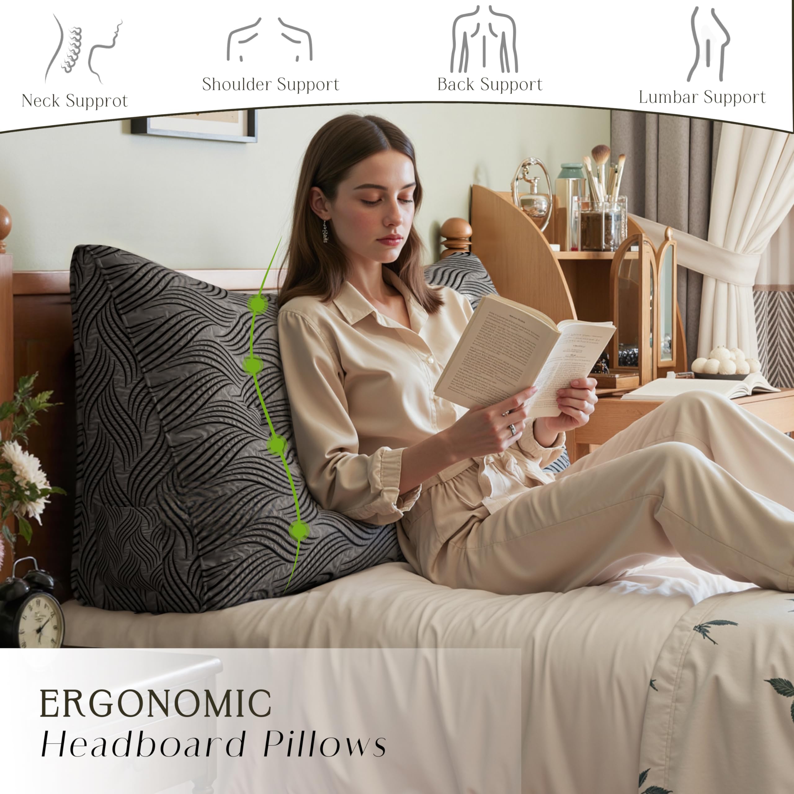 Rückenkissen, Lesekissen für Bett und Sofa, Rückenkissen Bett, Keilkissen Sofa große Kissen für Couch, Wandkissen, Dreieckiges Lesekissen, Deluxe beflockter Crinkle-Stoff (80 cm)