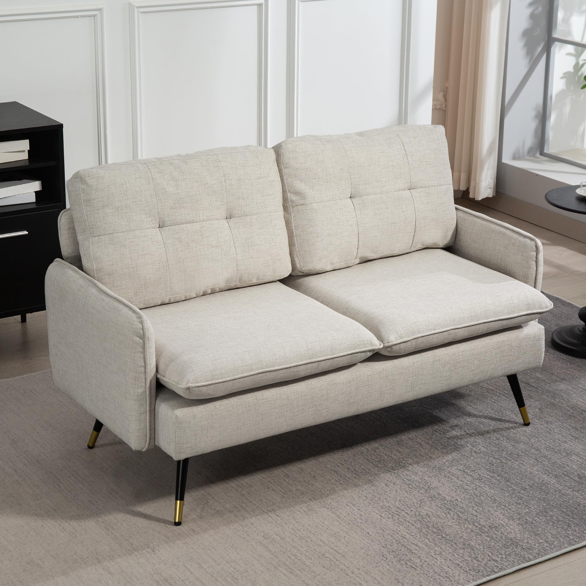 HOMCOM Sofá de 2 Plazas Tapizado en Lino Sofá de Salón 139 cm con Cojines Reposabrazos y Patas de Acero para Dormitorio Oficina Carga 240 kg Crema