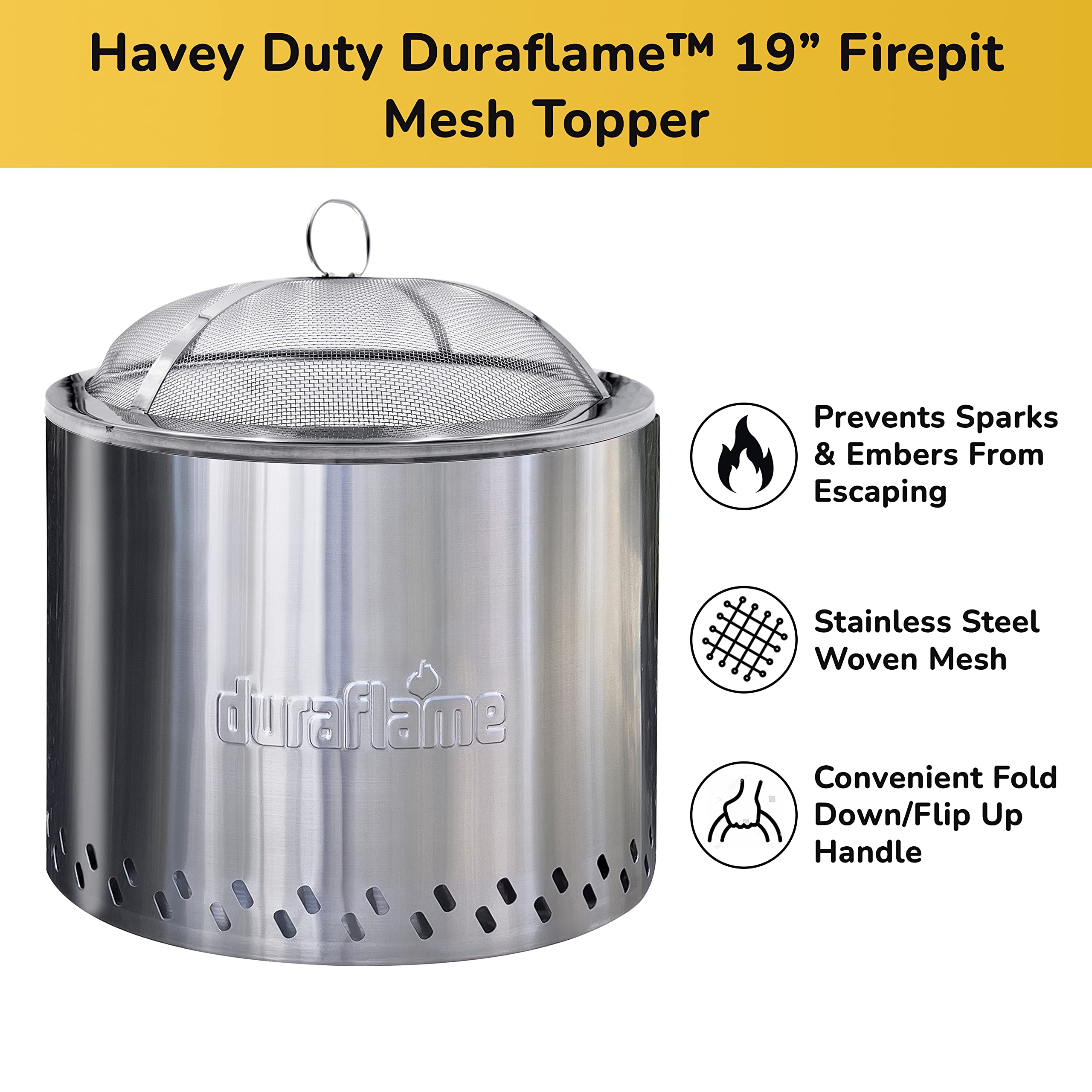 Amazon.com : Duraflame™-19” Stainless Steel Fire Pit Mesh Screen Spark  Protector and Arrestor for Backyard and Outdoor Fire Pits, Stops Embers and  Sparks. : Patio, Lawn u0026 Garden