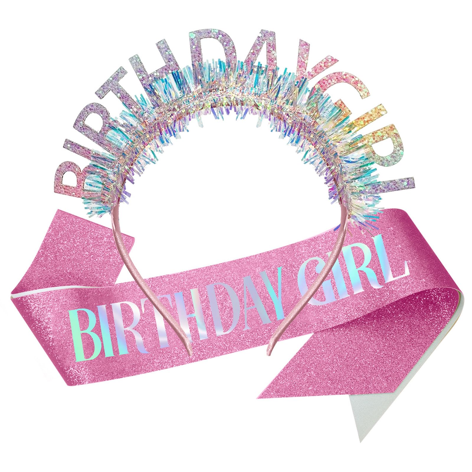 Zirax Birthday Girl Sash and Headband Set, Glitter Headband and Pink Sash for Women, Happy Birthday Accessories for Girls Party Decorations, Princess Party Accessories Gifts