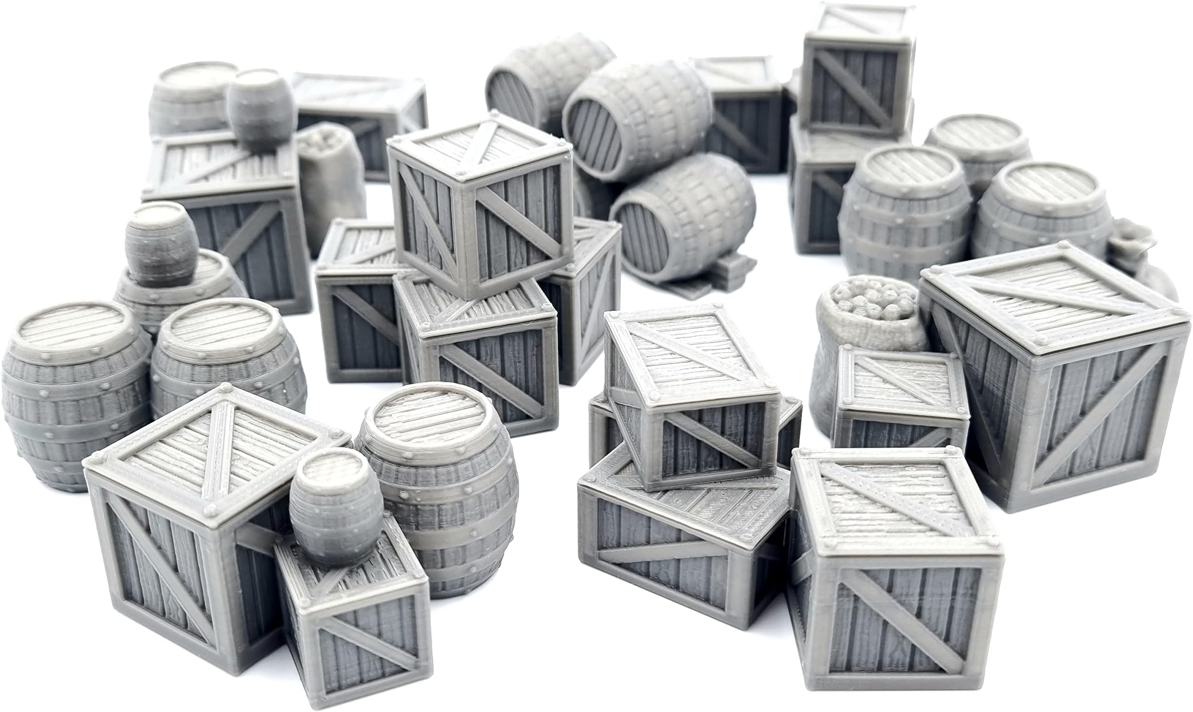QP3D - Crates and Barrels Scatter Terrain - Fantasy Wooden Chest Merchant Goods for Tabletop Scenery & RPG 28-32mm Miniatures Wargame Props DnD D&D, 3D Printed and Paintable