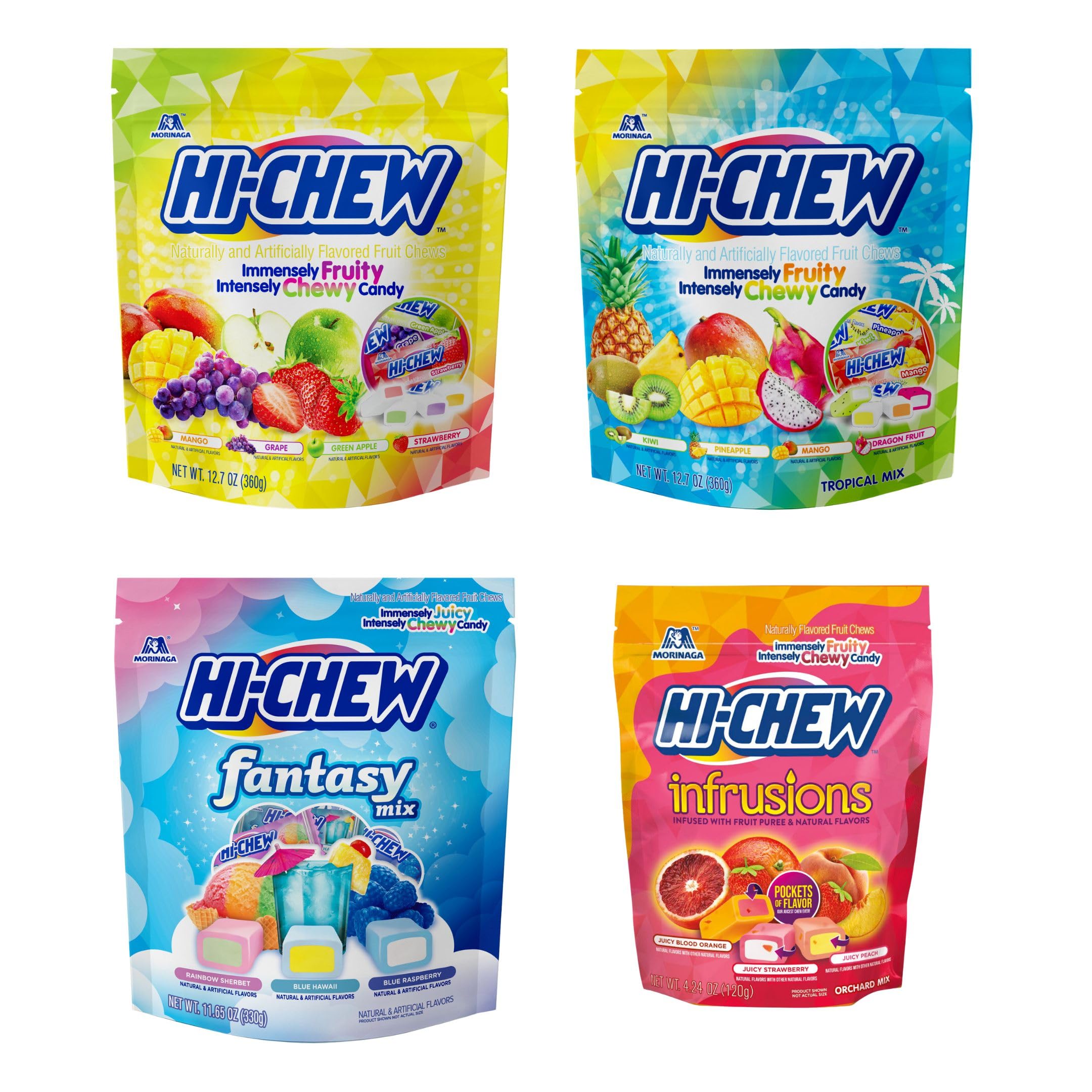 HI-CHEW Variety Mix, 4 Stand Up Pouches - 13 Flavored Bulk Candy, Sweet and Sour Chewy Candy, Unique Fun Soft - Immensely Juicy Fruity Flavors for Sharing Treats