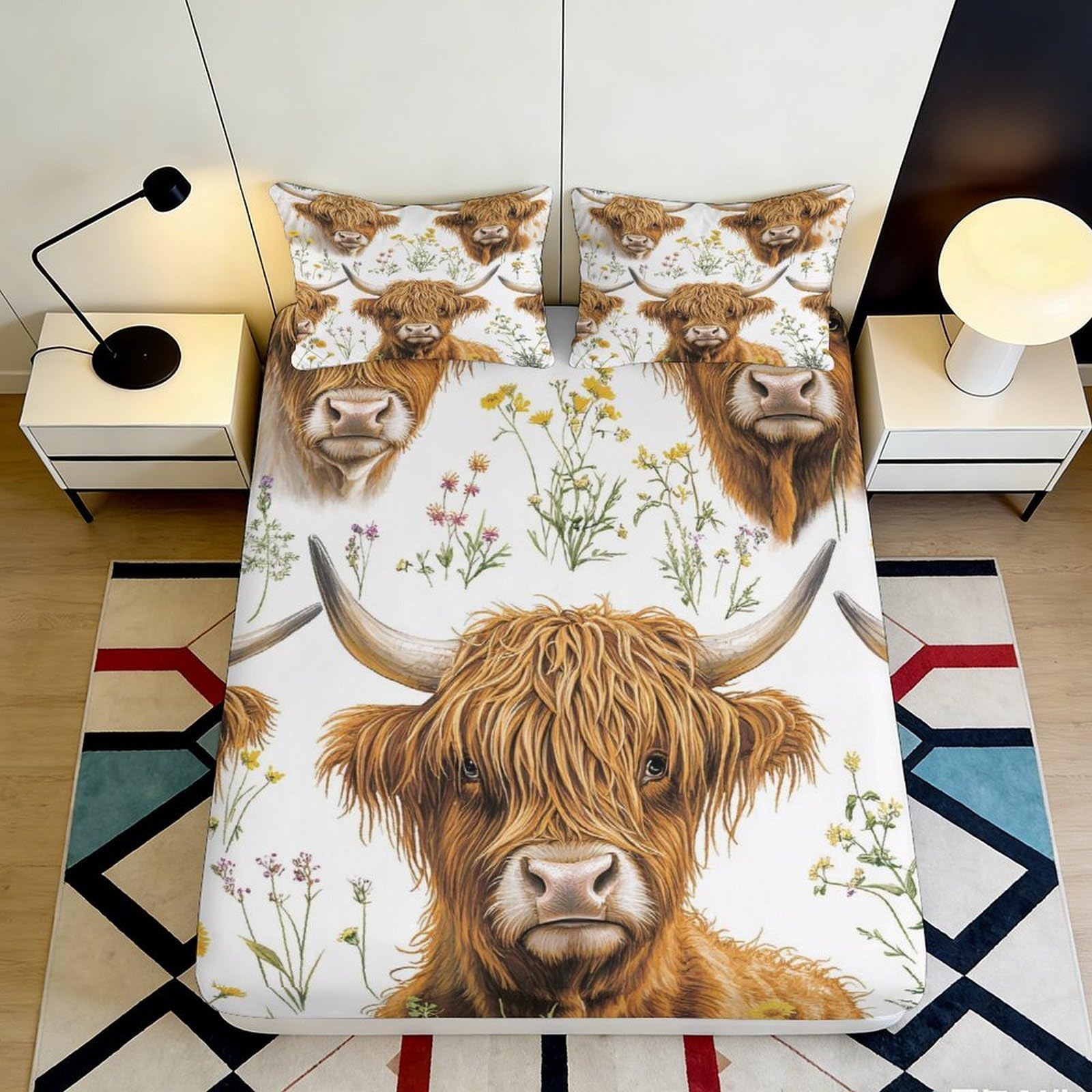 3D Printed Highland Cow Floral Fitted Sheet Microfiber Soft Anti-Slip Mattress Cover for Bedroom Guest Room Decor 200x200x25cm