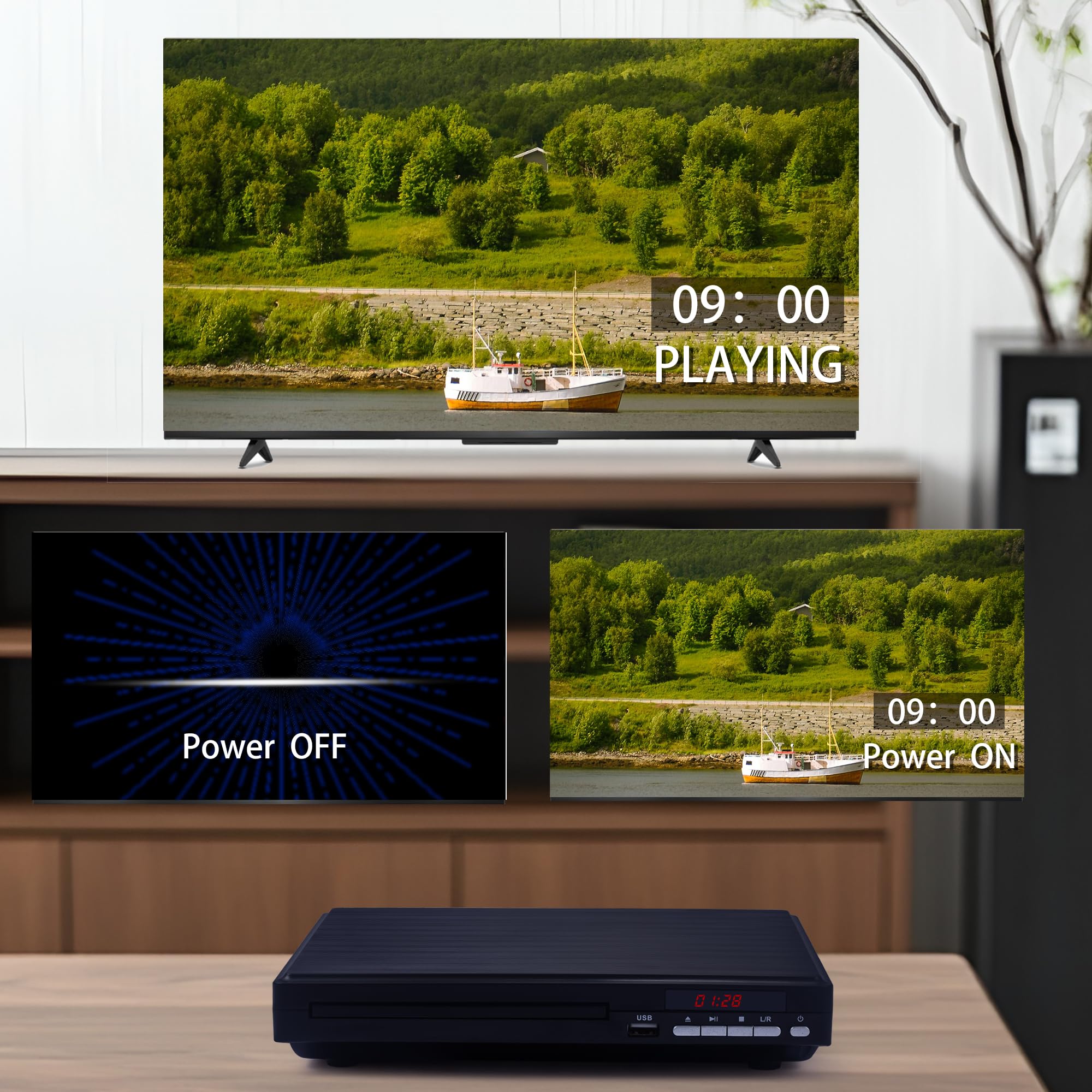 DVD-Player für Fernseher, 1080P HD-DVD-Player für Zuhause, alle Regionen, kostenloser kompakter Mini-CD-Player mit HDMI- und AVI-Kabel, USB-2.0-Anschluss, Fernbedienung, integriertes PAL