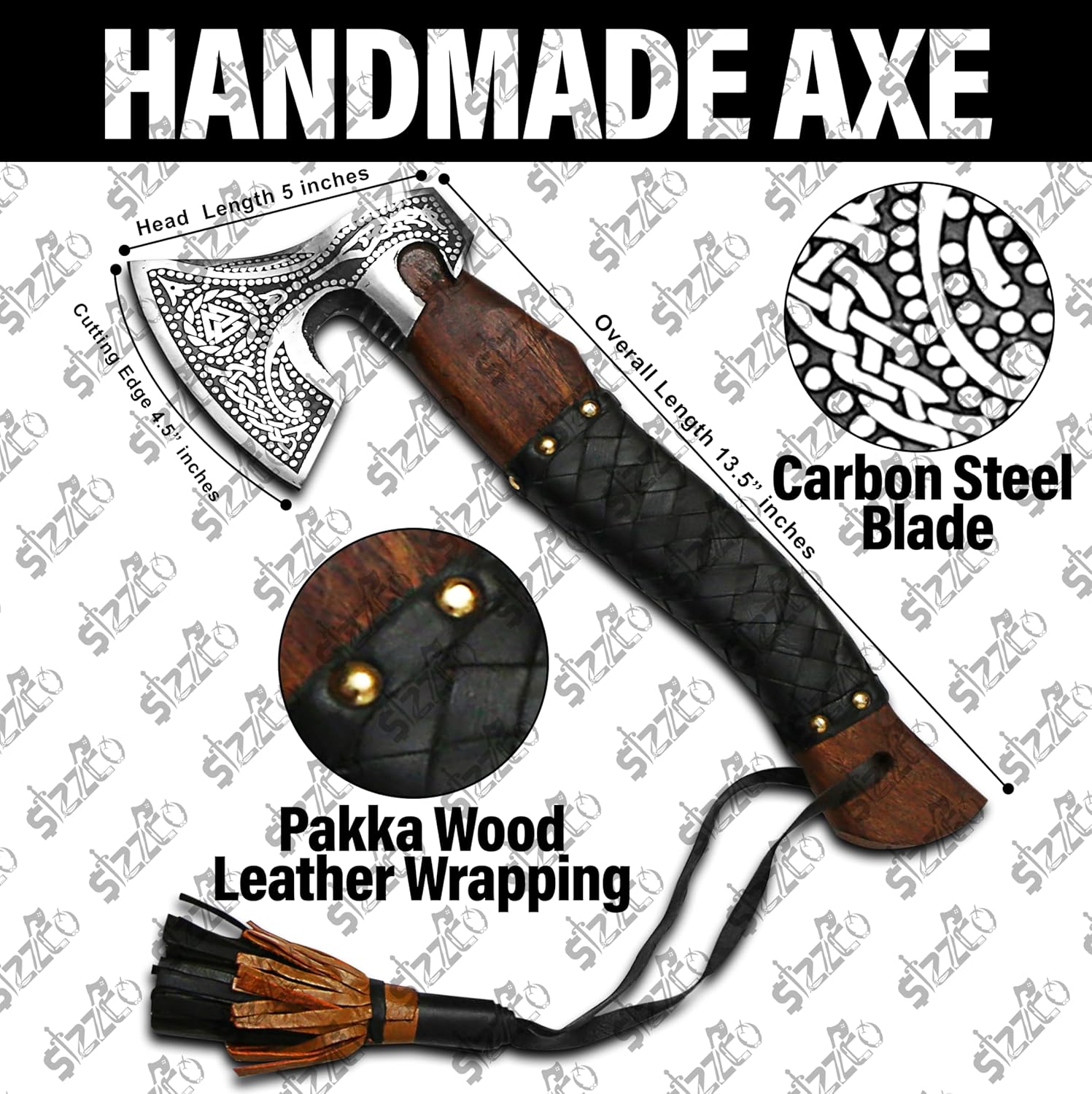 Russian Valknut Wood Viking Style Bearded Axe Tomahawk - Real Hatchet, Best Gift for Anniversary, Valentine's Day, Birthday, Premium Leather Sheath with Leather Wrap Handle Perfect Hand Grip