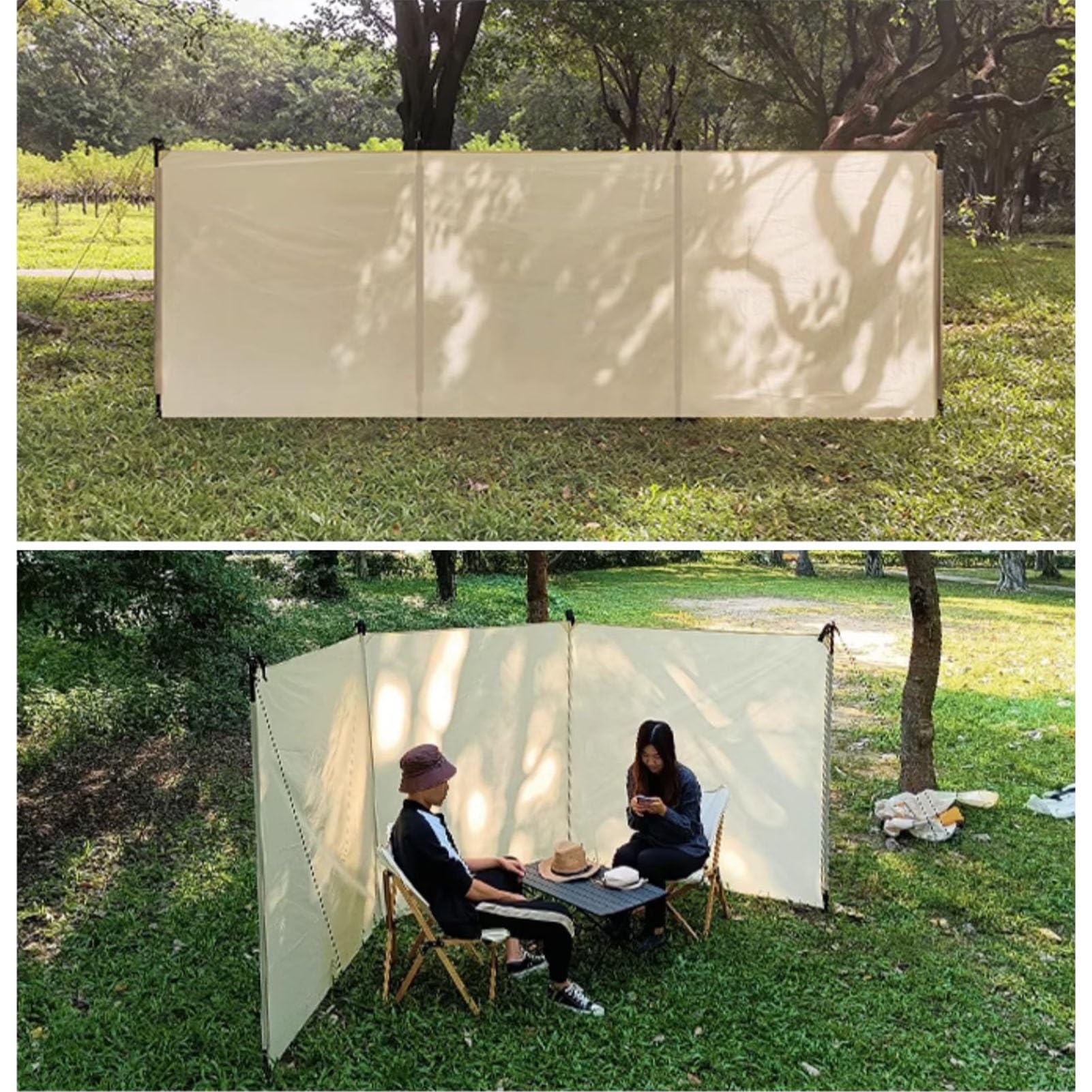 Camping Windbreak, Versatile Wind Blocker Light Waterproof Oxford Cloth Garden Stove Windscreen, Outdoor Windshield Shelter for Beach Privacy Protects and BBQ Picnic, 13.8x4.6ft, Khaki