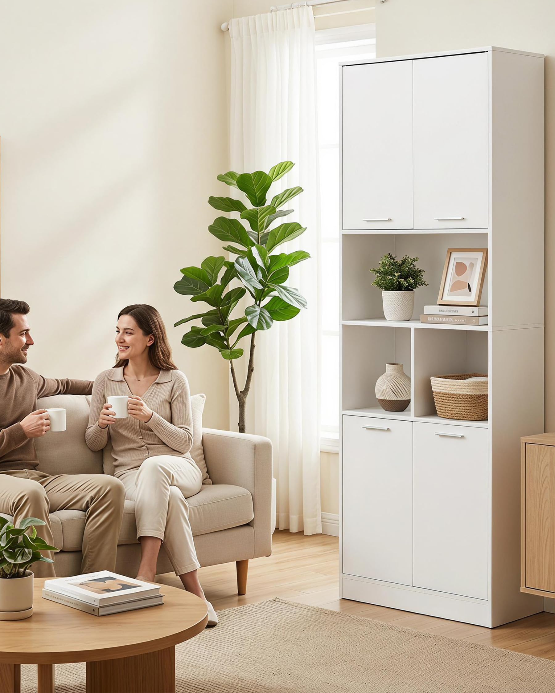 Meuble Cuisine 60x40x180.5cm Armoire Rangement Avec Étagères Réglables Buffet Colonne pour Cuisine Salon Salle de Bain Blanc