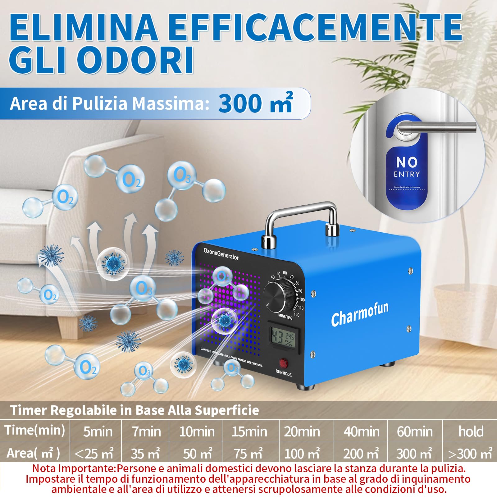 Charmofun Generatore di Ozono Professionale 60000mg/h, Ozonizzatore Industriale per 300㎡, Macchina Ozono Alta Capacità O3, Generatore Ozono per Odori di Casa Auto Fumo Animali (Blu)
