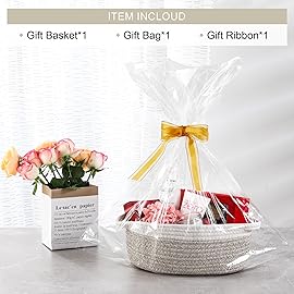 LANDNEOO Small Woven Basket with Gift Bags and Ribbons, Empty Decorative Gift Chest Box, Cute Baby Gift Basket for Nursery, Cotton Rope Room Shelf Storage Basket with Handles, 12x 8x 5, Brown