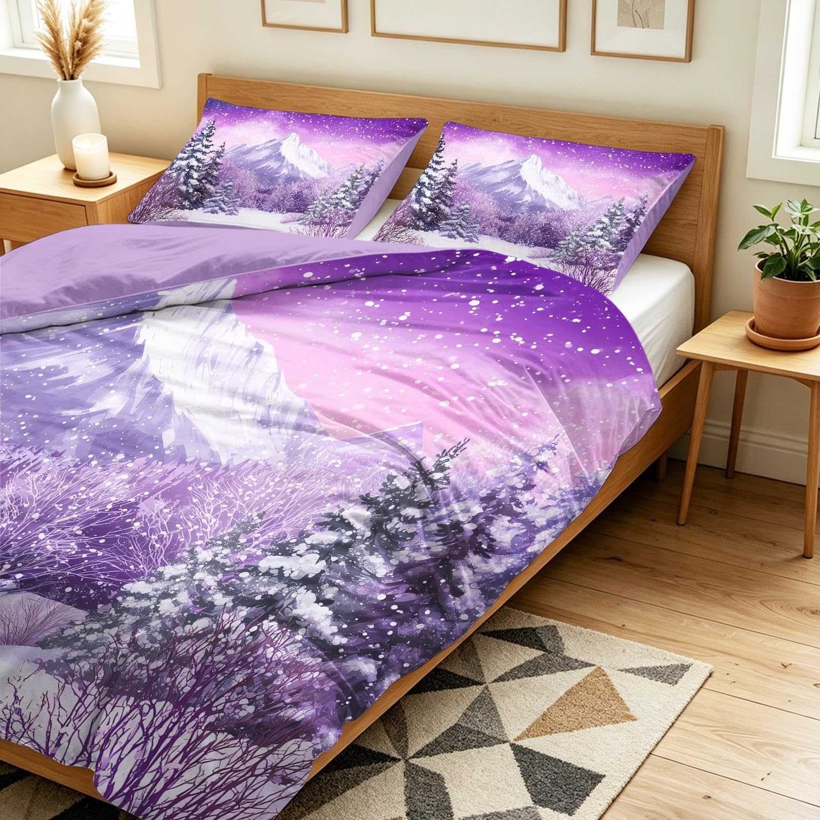 Générique Zimowy krajobraz Góra Śnieg Poszwa na kołdrę Marzycielski Góry Drzewa Zestaw Pościeli Zestaw Pościeli Dzieci Dorośli 260 x 240 cm z poszewką na poduszkę Miękka Dekoracja Sypialni, Fioletowy