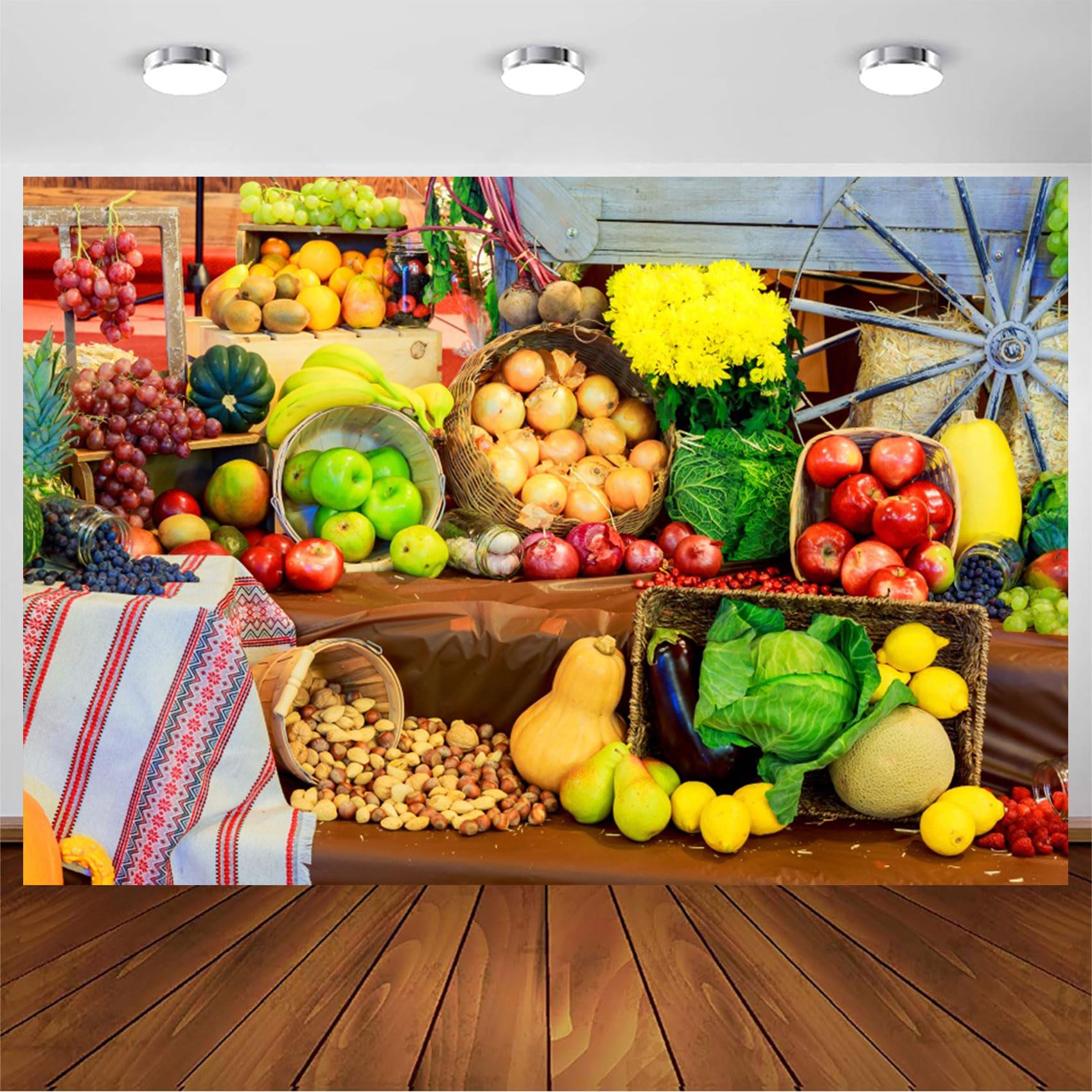 CSFOTO 5x3ft Background for Fruits Vegetable Exhibition Photography Backdrop Autumn Harvest Chrysanthemum Flower Floral Fall Feast Celebrate