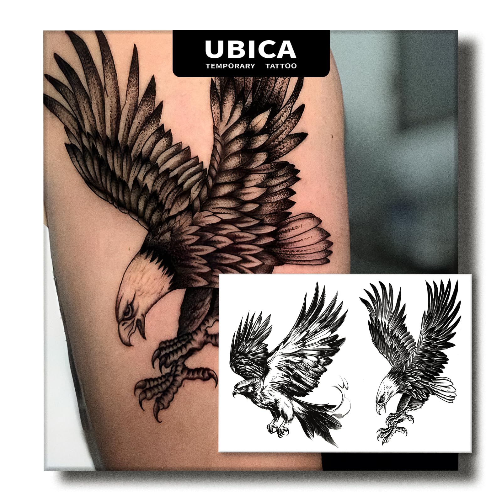 UBICA Semi Permanent Tattoo, 2 Sheets Realistic Eagle Large Temporary Tattoos for Men & Women, Lasts 7-15 Days Water-Resistant Fake Tattoo Stickers,