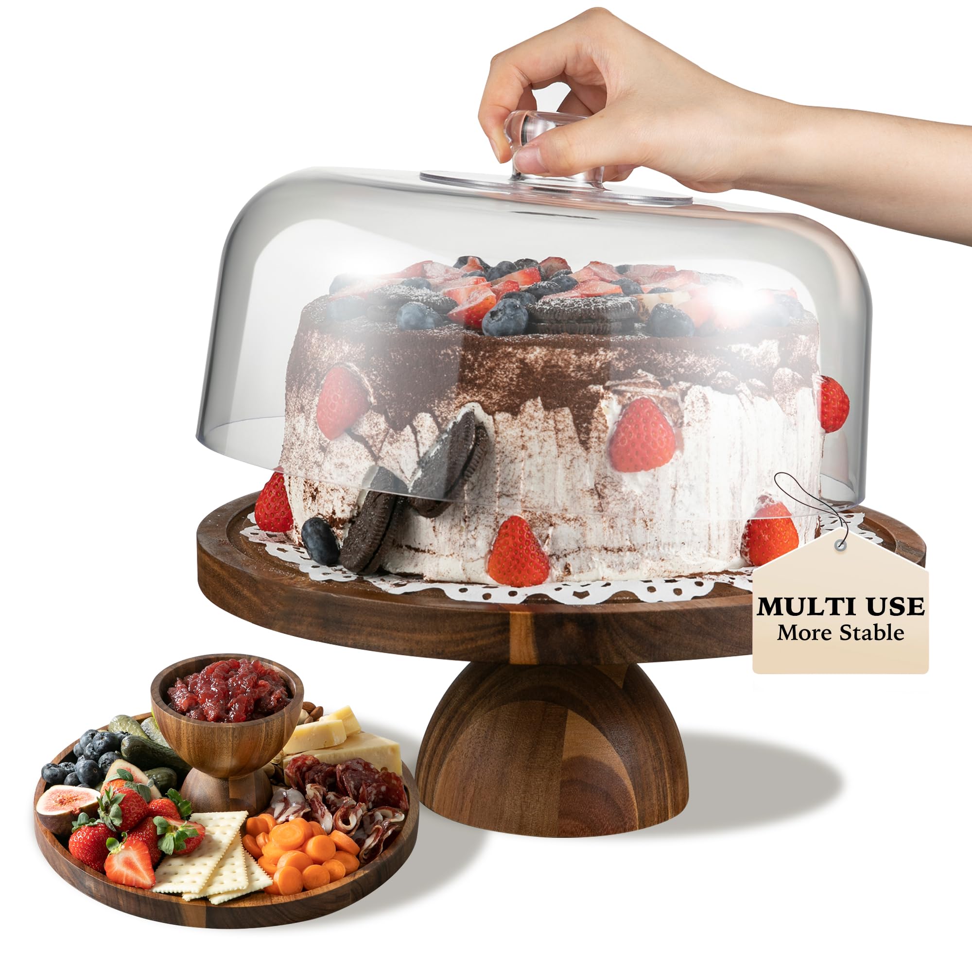Fyctio Cake Stand with Lid, 2 in 1 Acacia Wood Acrylic Dome, No Glass, 12in | 2 In 1 Cake Stand & Charcuterie Board, More Stable and Large, Suitable for Various Party Scenes, Inclued EDIBLE PENS with DIY