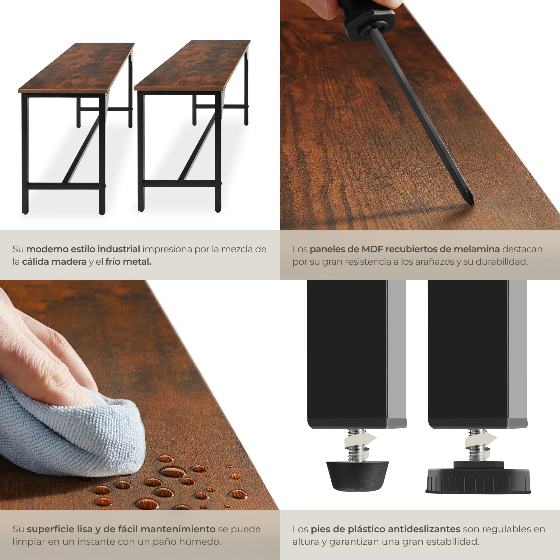 tectake® Conjunto de Mesa y Bancos, Estilo Industrial Minimalista, Mesa de Comedor con Banco, Muebles para Salón y Cocina, Marco de Acero y Madera con Revestimiento en Polvo, Fácil Montaje - Oscuro