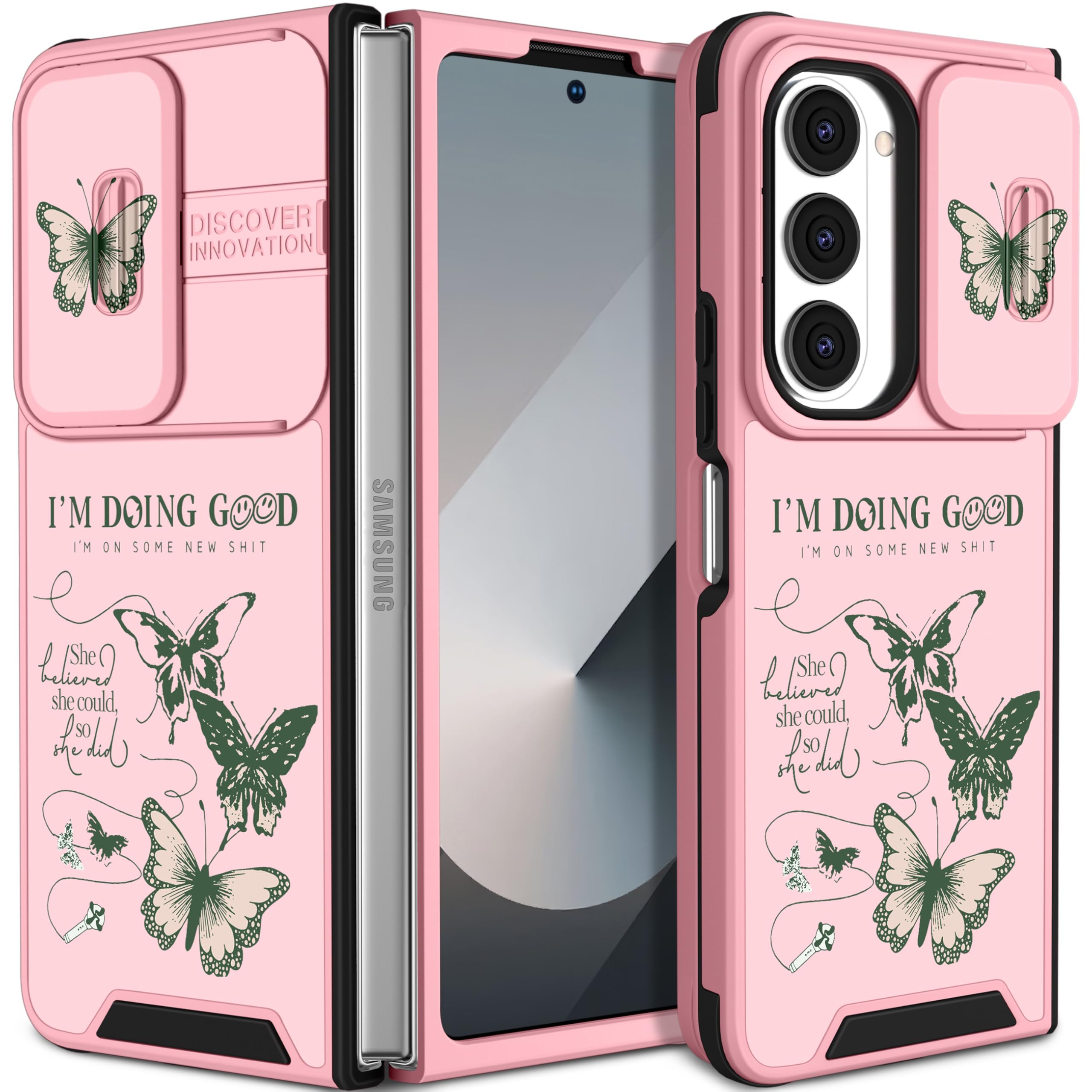 Funermei for Samsung Galaxy Z Fold 6 Case - Women Girls Cute Phone Cover Girly Pretty Aesthetic Green Butterfly Unique Design with Camera Cover Funda