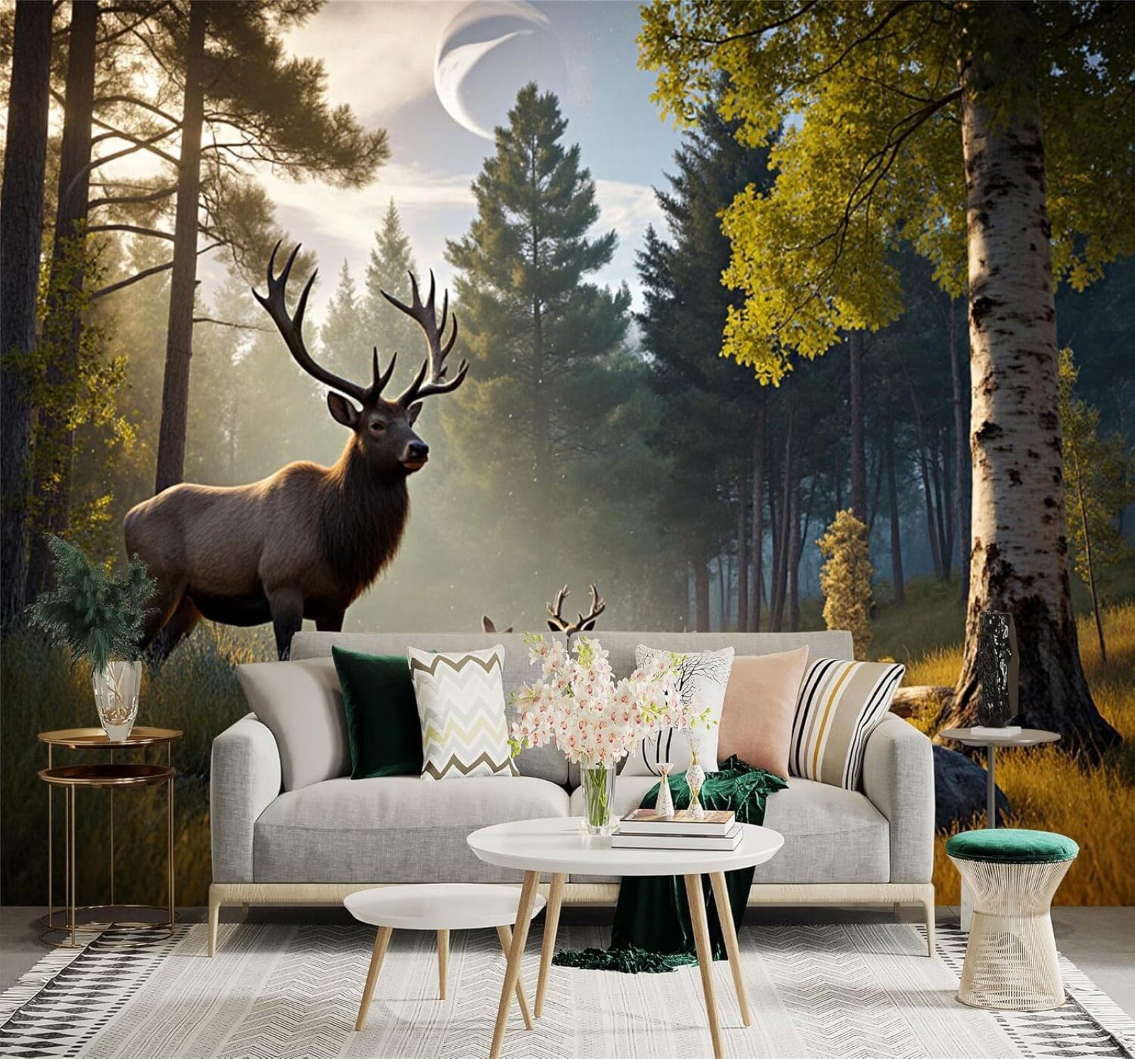 XLMING Fresh Green Forest Elk Morning Light 3D Wallpaper Premium Textured Silk Study Dining Living Room Bedroom Sofa TV Wall Easy Install-400cm×280cm