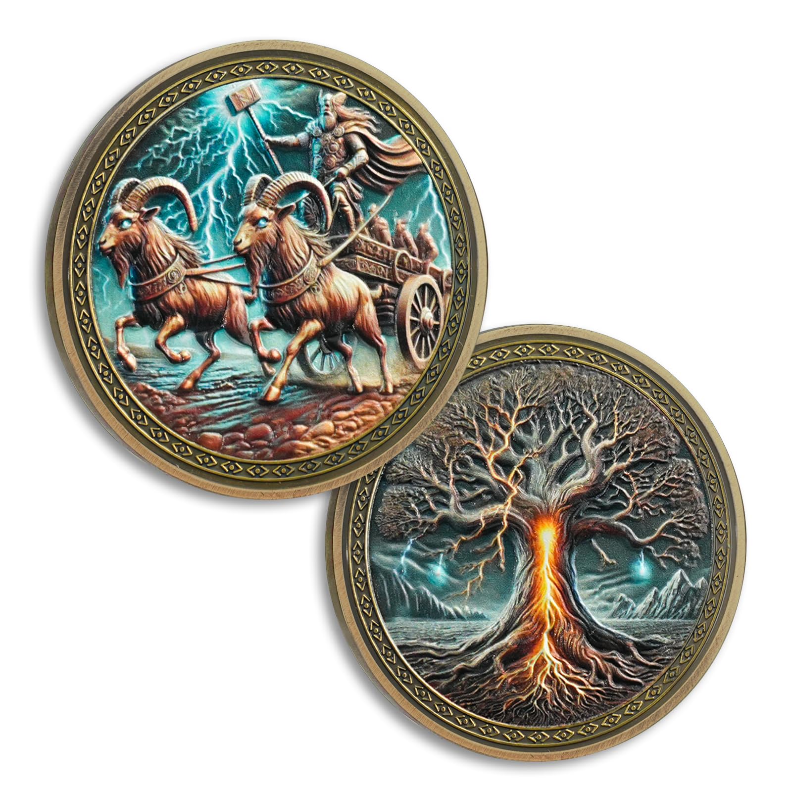 Thor Viking Coin, The Cosmic Tree Viking Challenge Coin, Toothgrinder & Toothgnasher Norse Mythology Protective Talisman