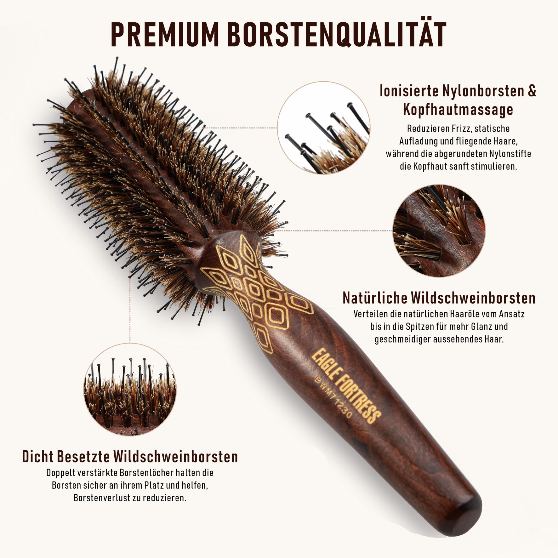 EAGLE FORTRESS Spazzola rotonda per asciugacapelli con setole di cinghiale e setole in nylon, spazzola per capelli, per volume, lisciare, arricciare e lucidare, manico in legno, per uomo e donna