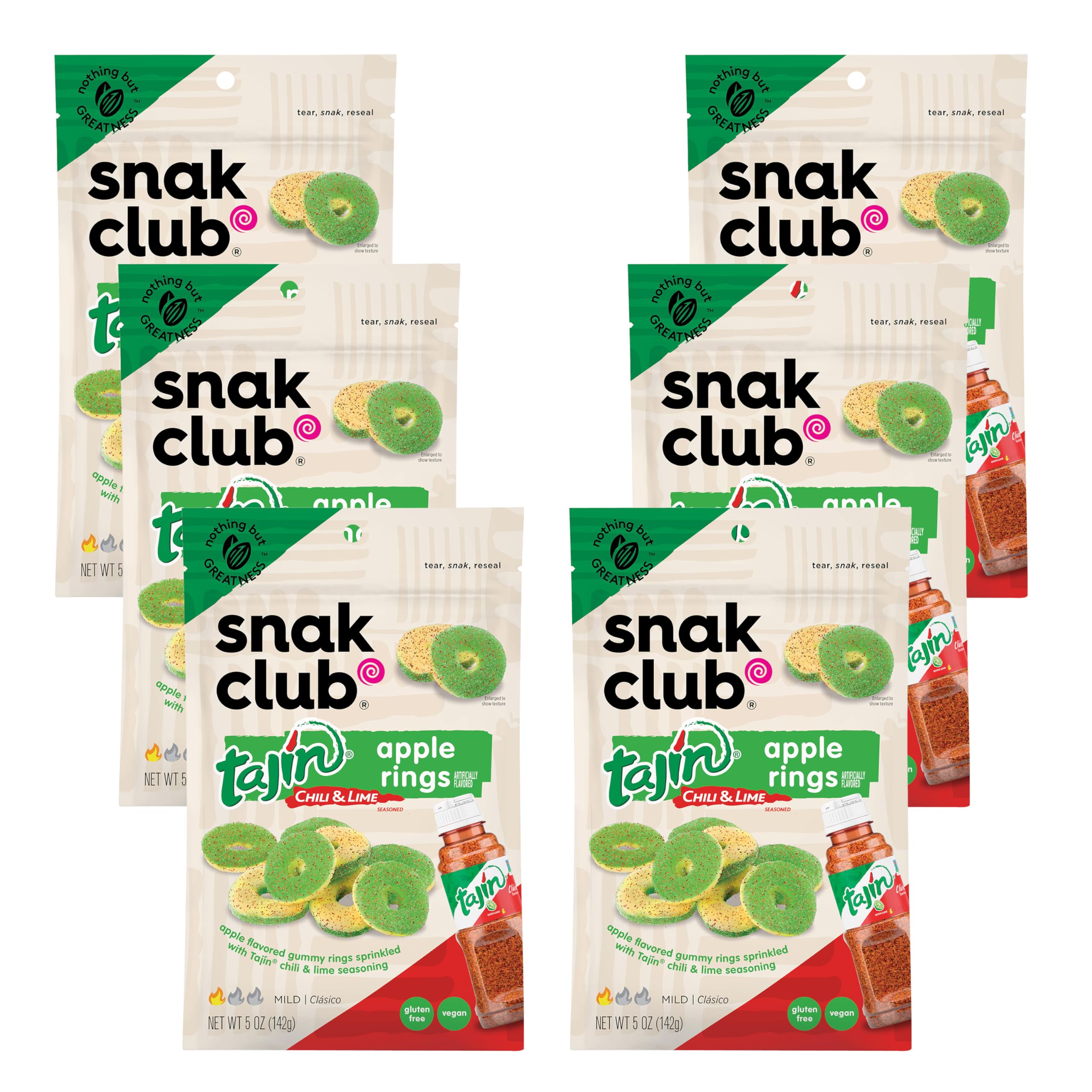 Snak Club Tajin Apple Rings, Sweet & Tasty Gummy Snacks, 5oz Resealable Bag, 6 Count