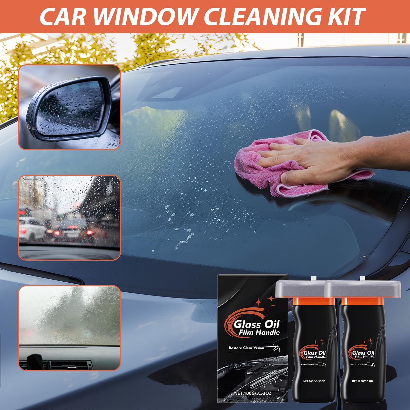 Limpiador De Película De Aceite Para Cristales De Coche, Pack De 2 Emulsión Limpiadora Con Cepillo,Adecuado Para Cristales Y Ventanas De Automóviles.