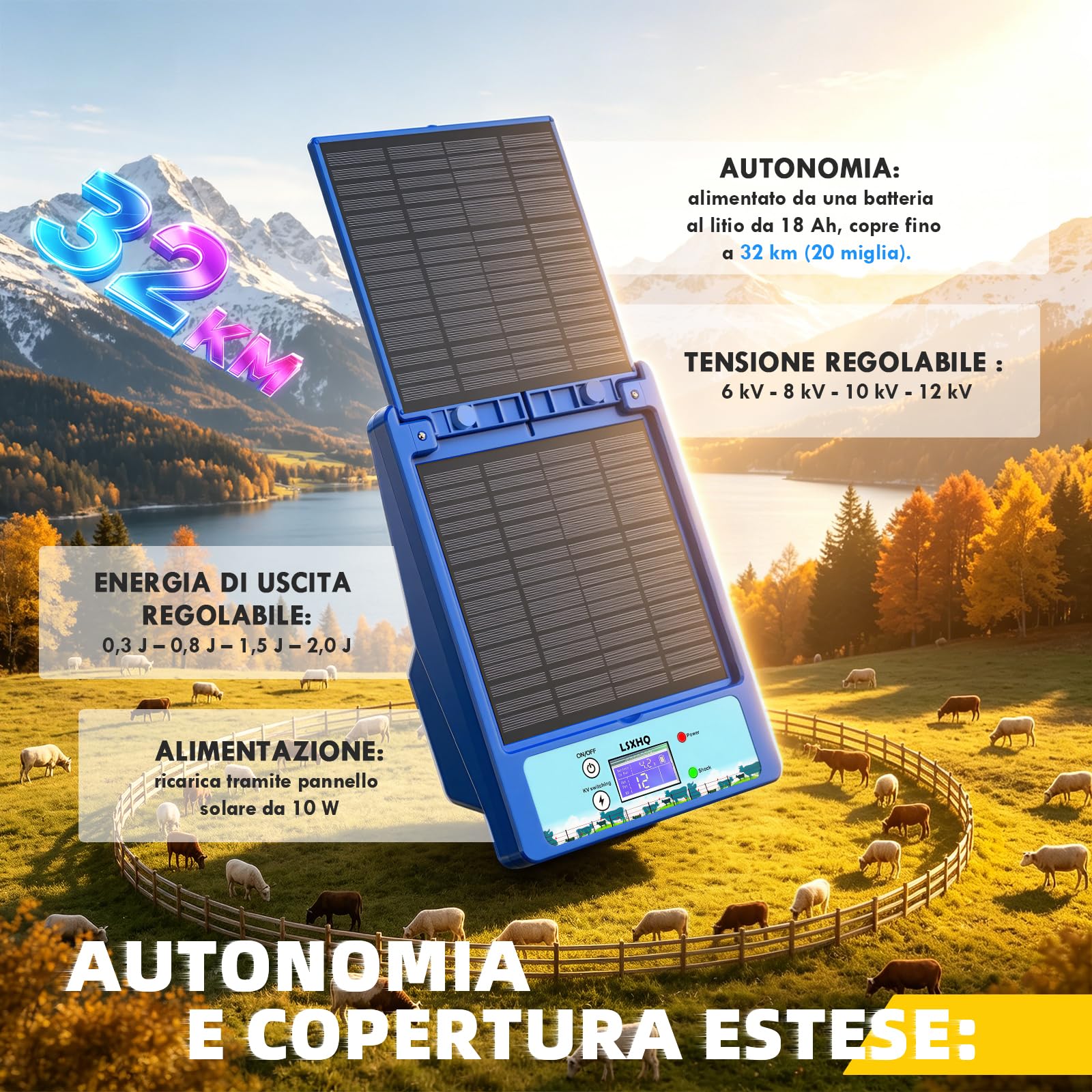 Recinto Elettrico Solare 12V 32KM, Elettrificatore per Recinti Impermeabile con Batteria al Litio 18Ah, 0.3-2J, 6KV-12KV Regolabile, Pannello Solare 8W, per Grandi e Piccoli Animali (Blu)