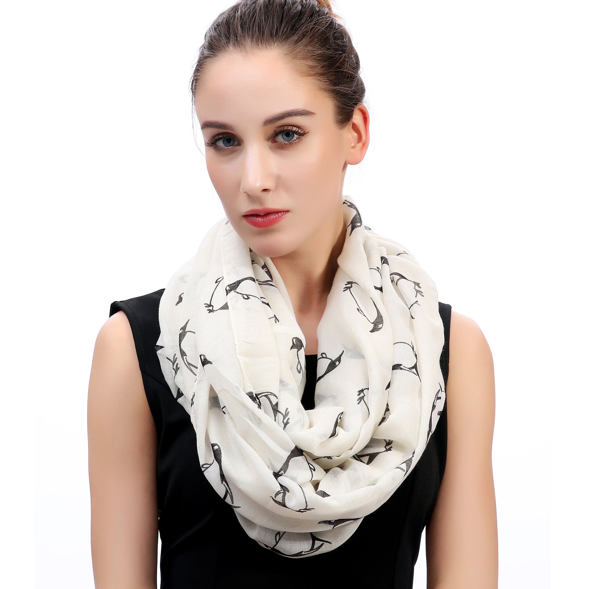 Lina & Lily Penguin Print Lightweight Snood Scarf (Cream)